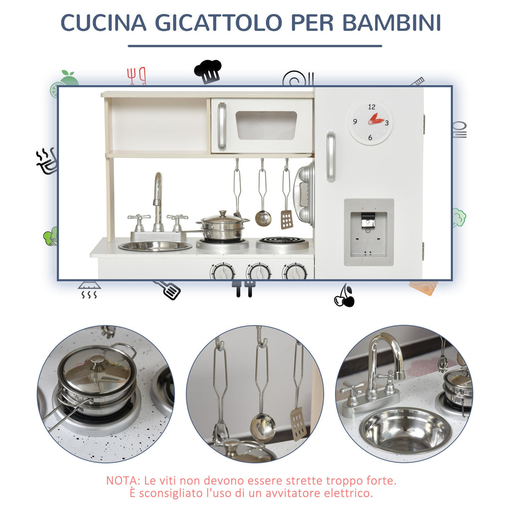Easycomfort Cucina Giocattolo in Legno per Bambini with Lavandino e Fornelli, Pentole e Utensili in Acciaio, 74x30x81cm, white