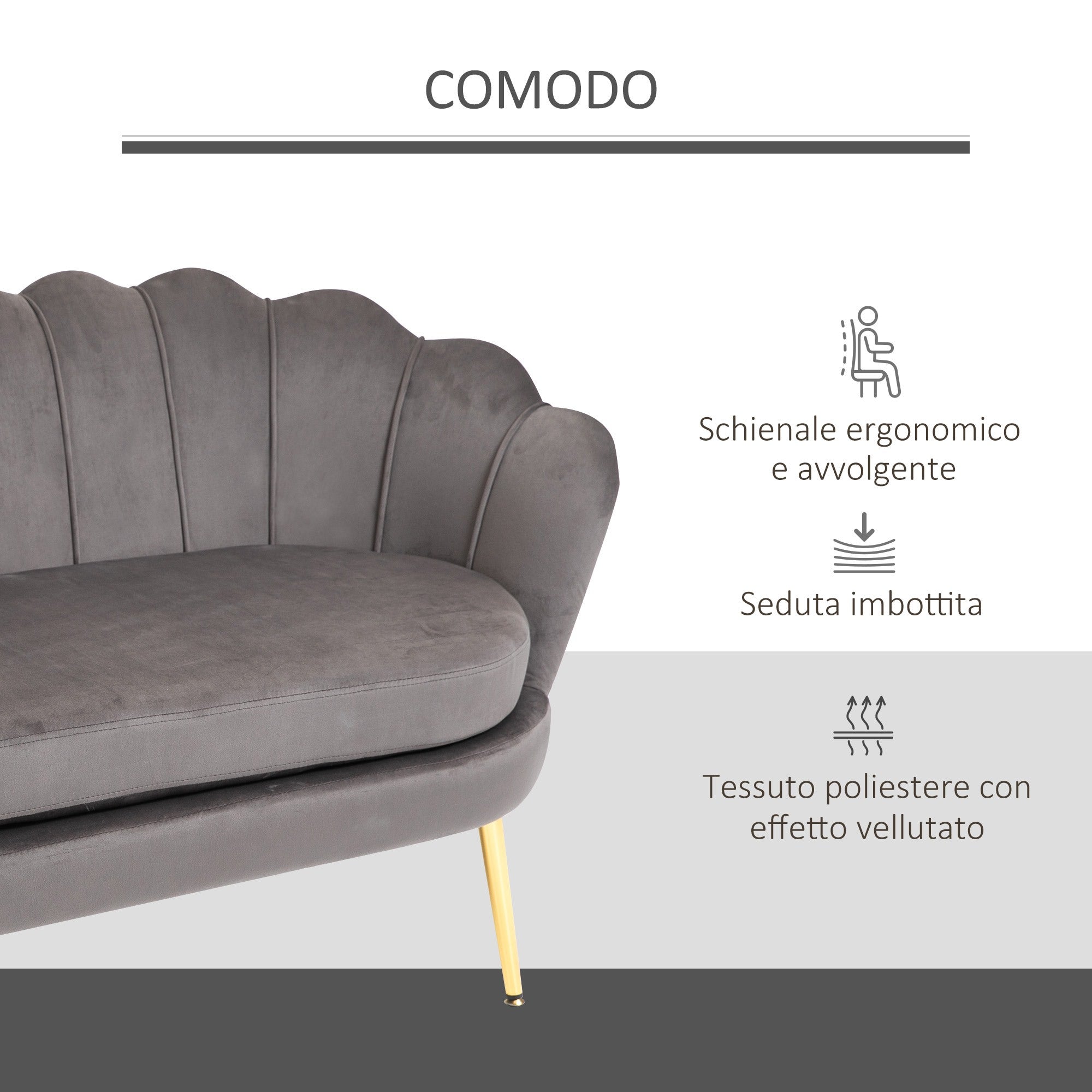Easycomfort Divanetto 2 Posti in Tessuto Effetto Velluto with Braccioli, Divano Moderno with Seduta Imbottita per Camera da Letto e Soggiorno, 133x63x75cm, Grigio