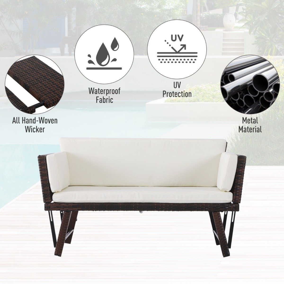 EASYCOMFORT 2 Seater Sofa with Extendable Garden Armrests Rattan 129x63x67cm White, Brown