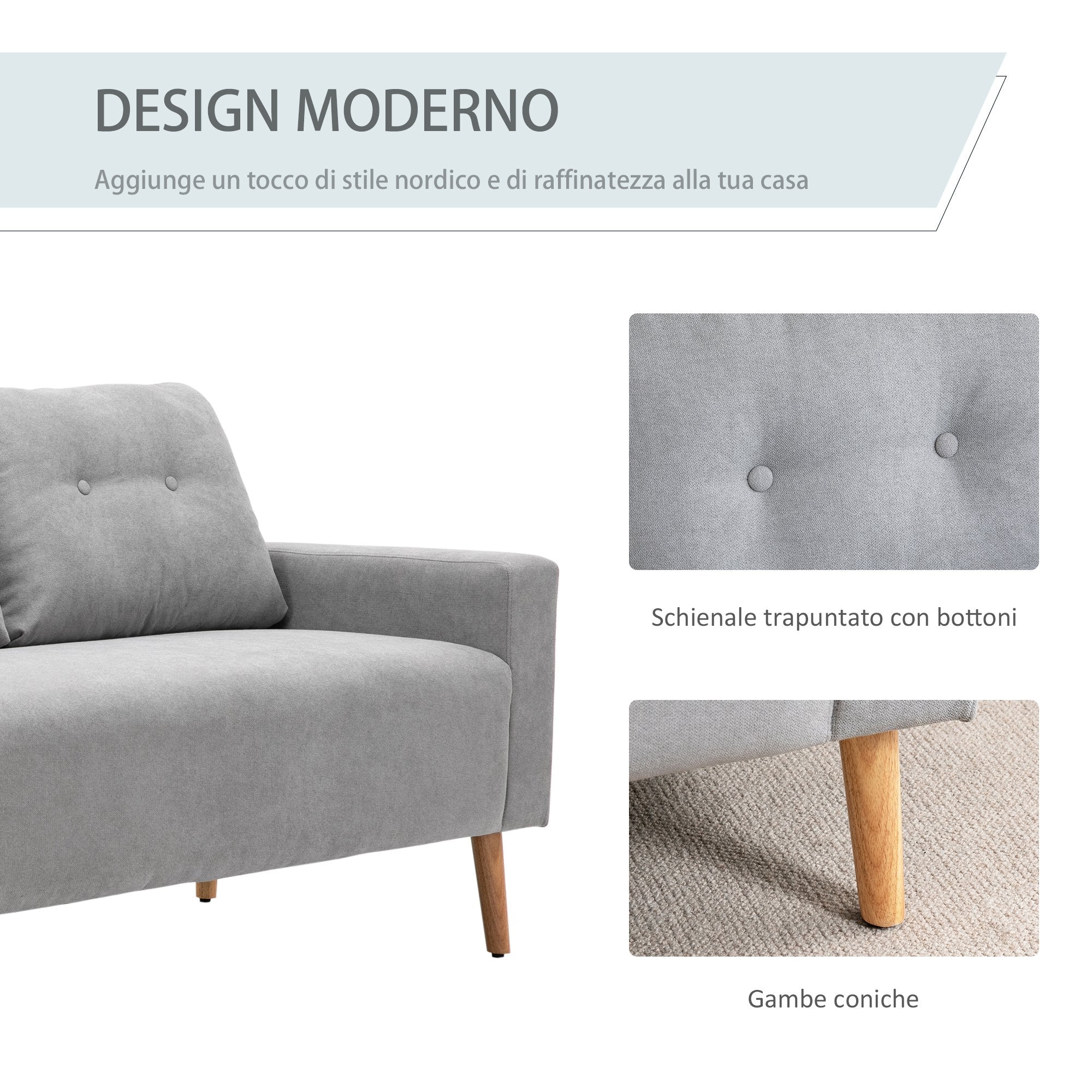 Easycomfort Divano 2 Posti Moderno in Stile Nordico with Schienale Trapuntato, in Poliestere e Legno, 145x76x88 cm, Grigio chiaro