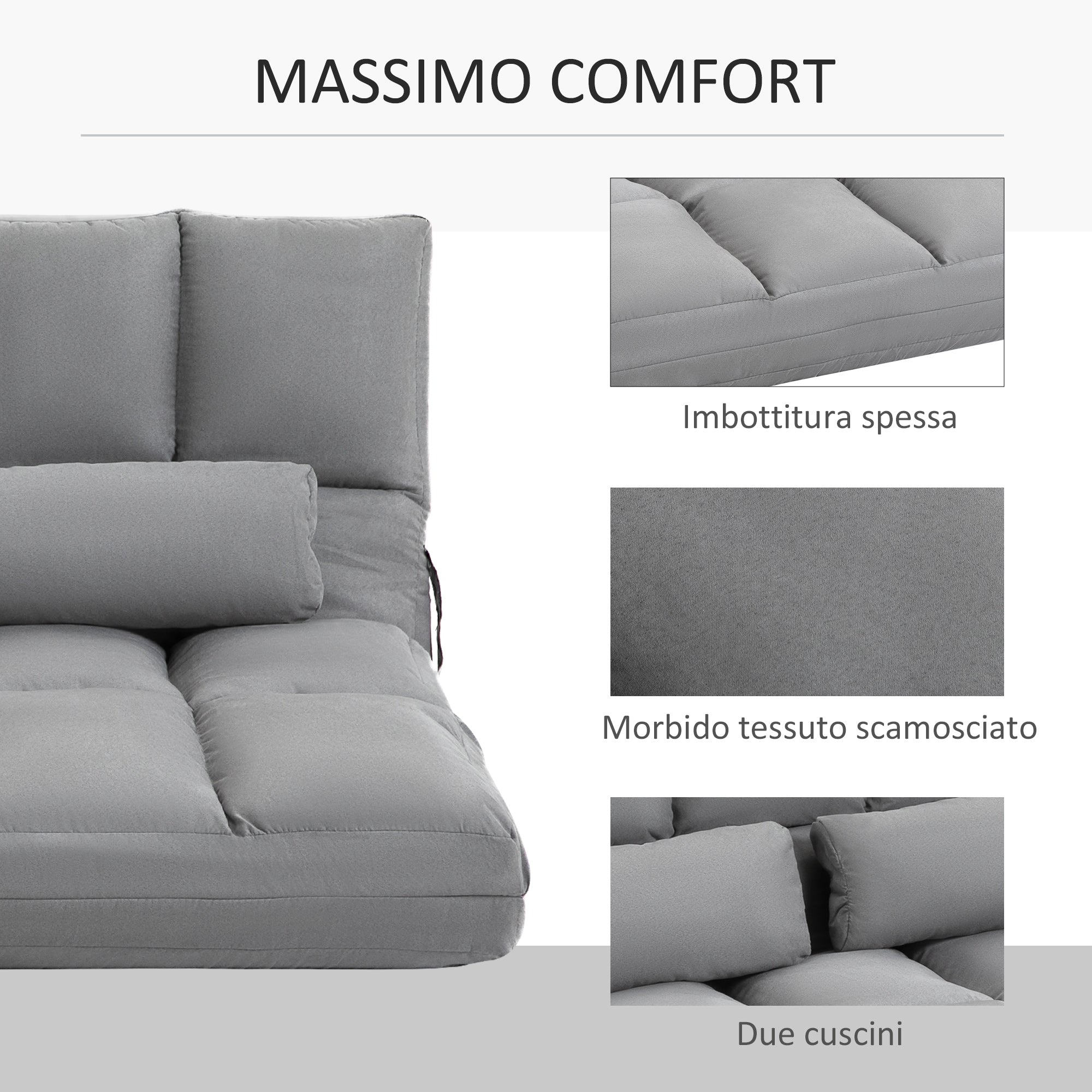 Easycomfort Divano da Terra Pieghevole a Lettino, Schienale Reclinabile su 7 Livelli e Cuscini, Divano Moderno per TV, Giochi, Lettura, Yoga, Ufficio, 130x73x60 cm, Grigio Chiaro