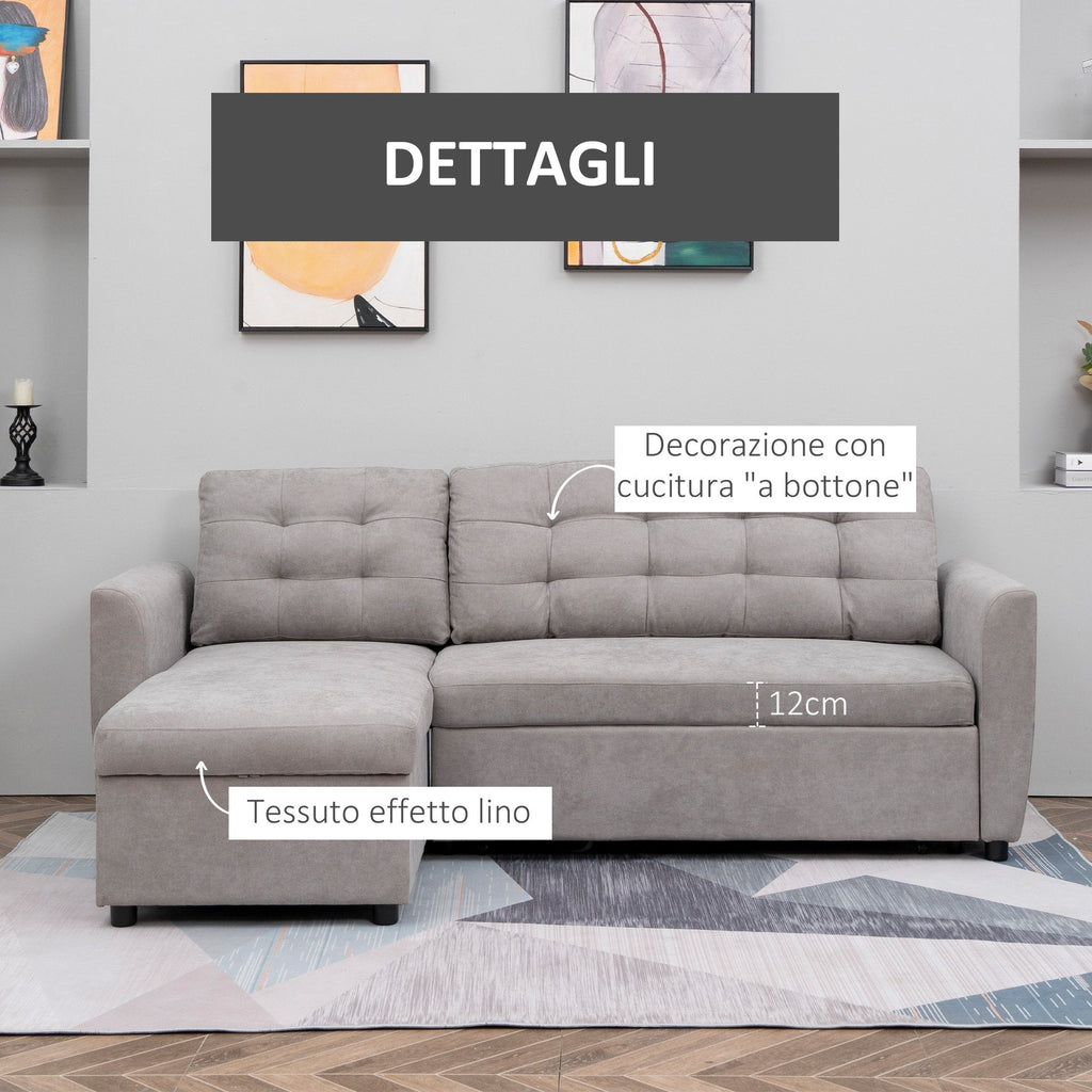 Easycomfort Divano Letto 3 Posti with Chaise Longue Contenitore in Tessuto, 217x134x85cm, Grigio