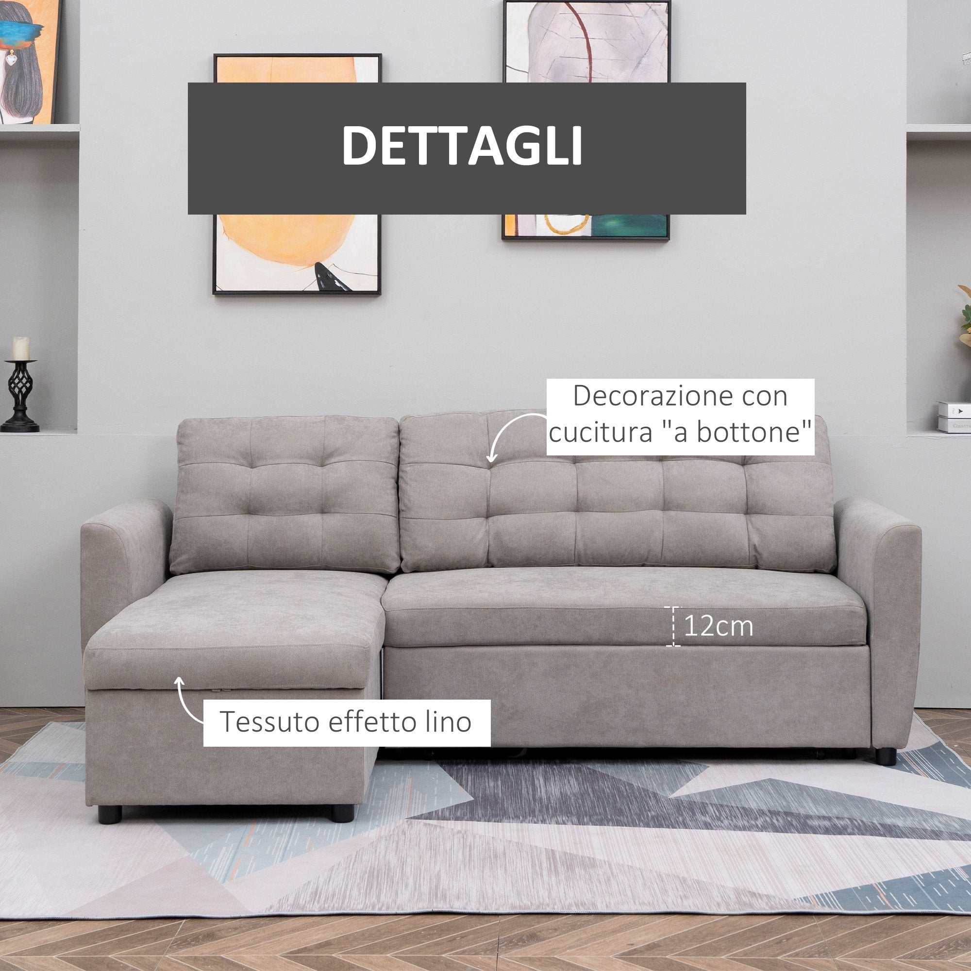 Easycomfort Divano Letto 3 Posti with Chaise Longue Contenitore in Tessuto, 217x134x85cm, Grigio