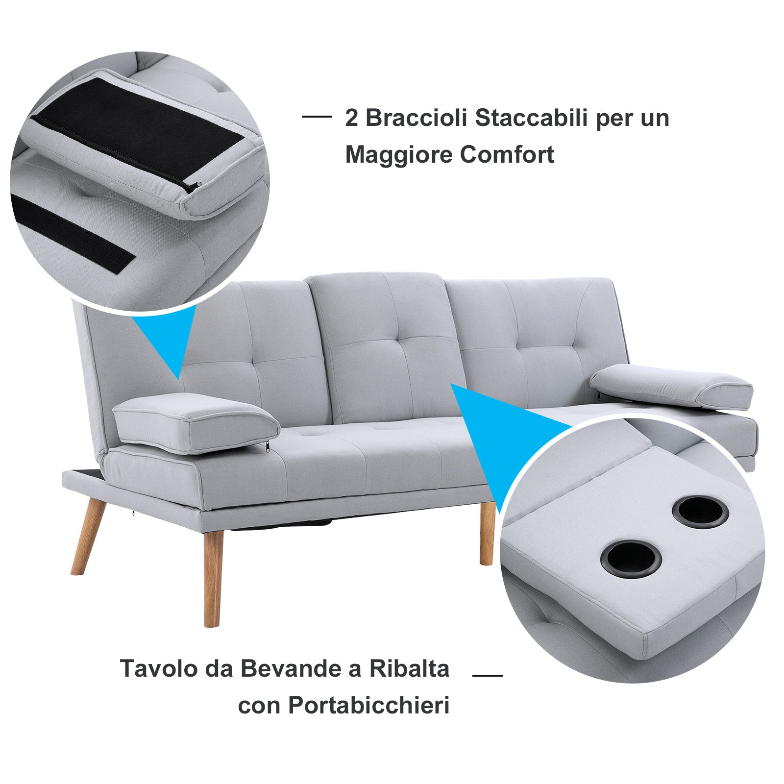 Easycomfort Divano Letto 3 Posti Stile Scandinavo Reclinabile with Tavolino a Ribalta, 181x77x88 cm, Grigio