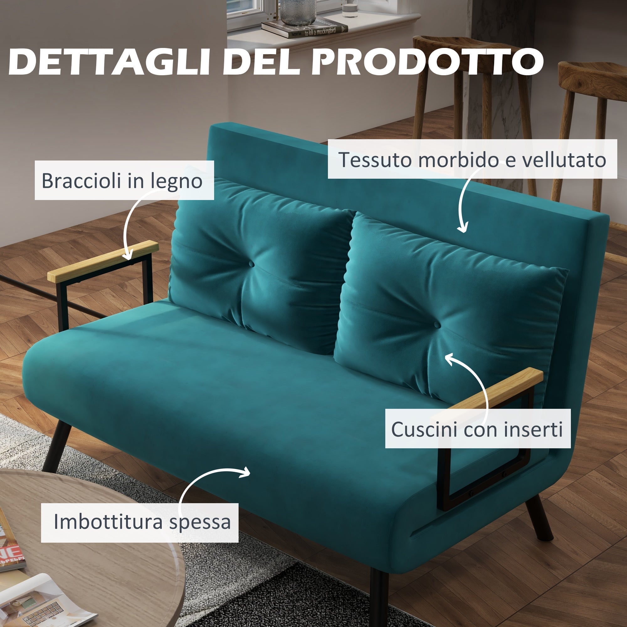 EasyComfort 3-in-1 slaapbank tweepersoons, 5-standen verstelbare rug, watergroen