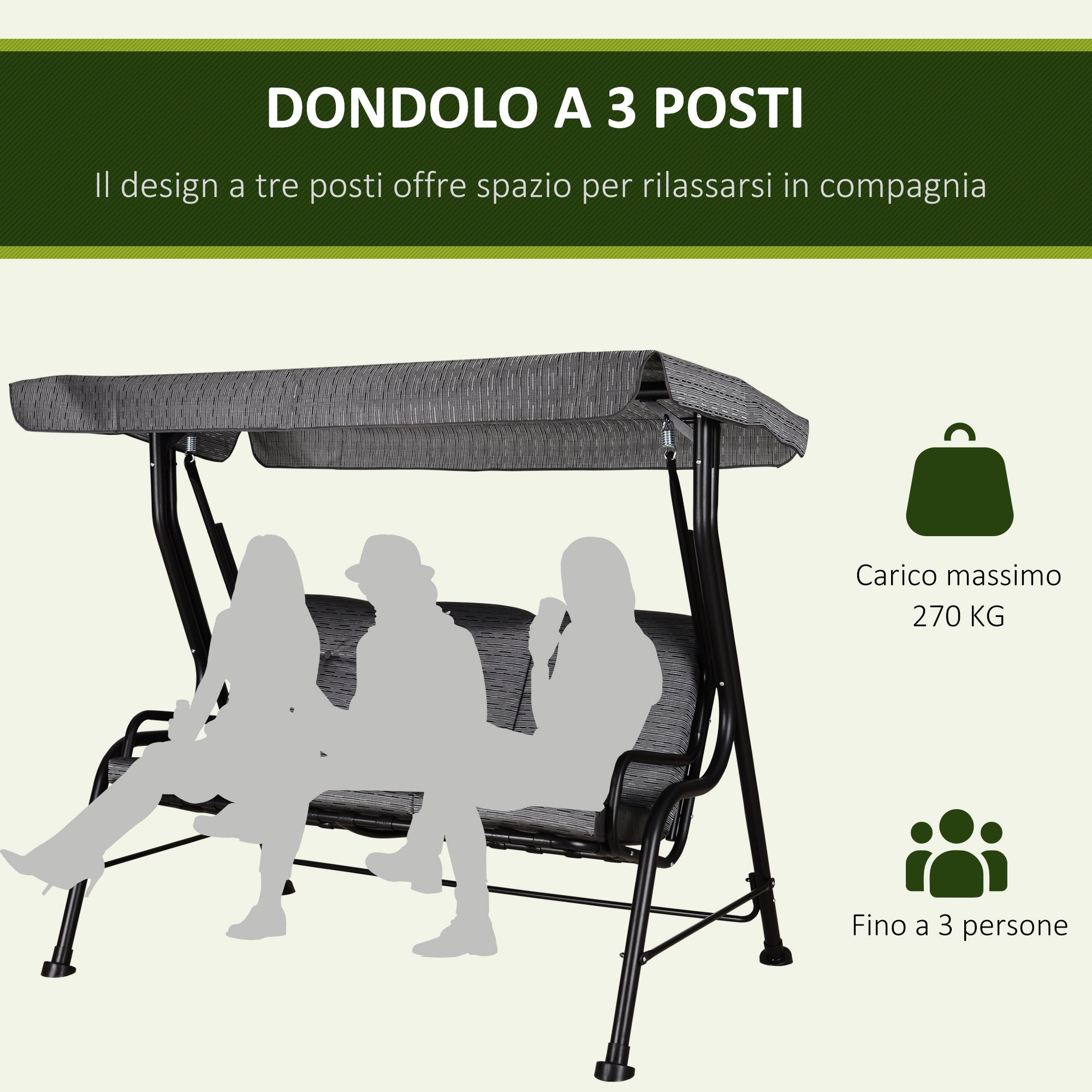EASYCOMFORT schommelbank 3-persoons met verstelbaar dak, 200x120x170 cm, zwart