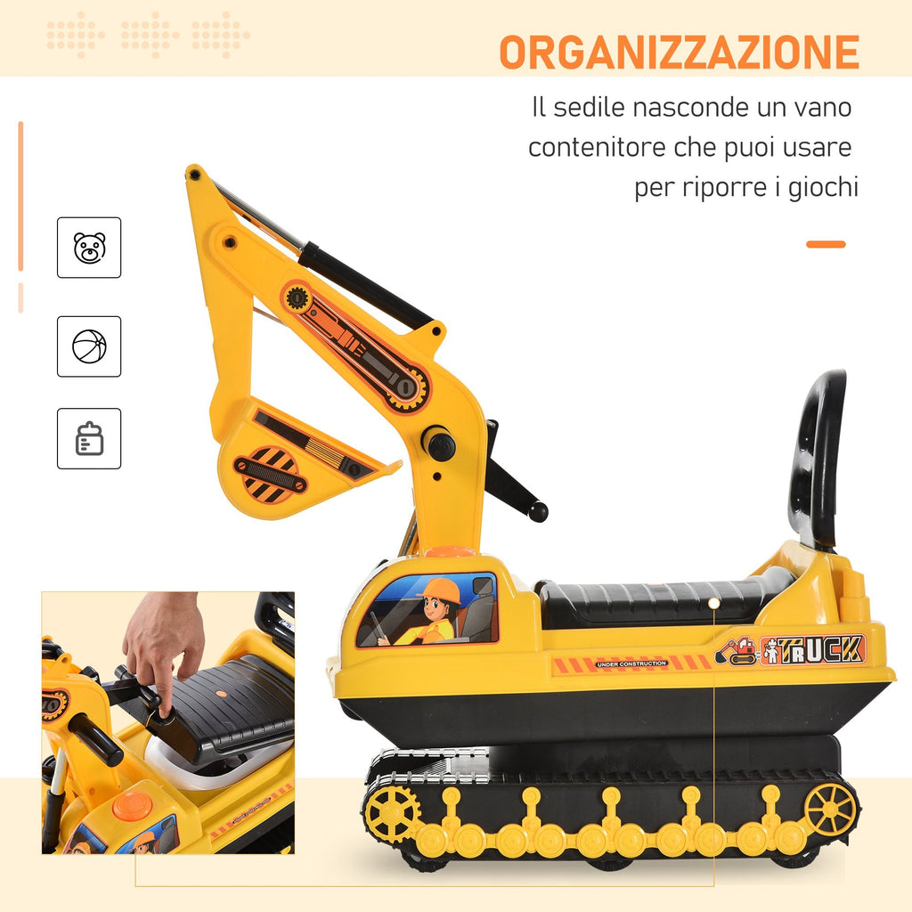 Easycomfort Escavatore Ruspa Giocattolo Cavalcabile per Bambini max. 30 kg with Schienale, Braccio Mobile e Vano Contenitore, 78x24x58.5cm