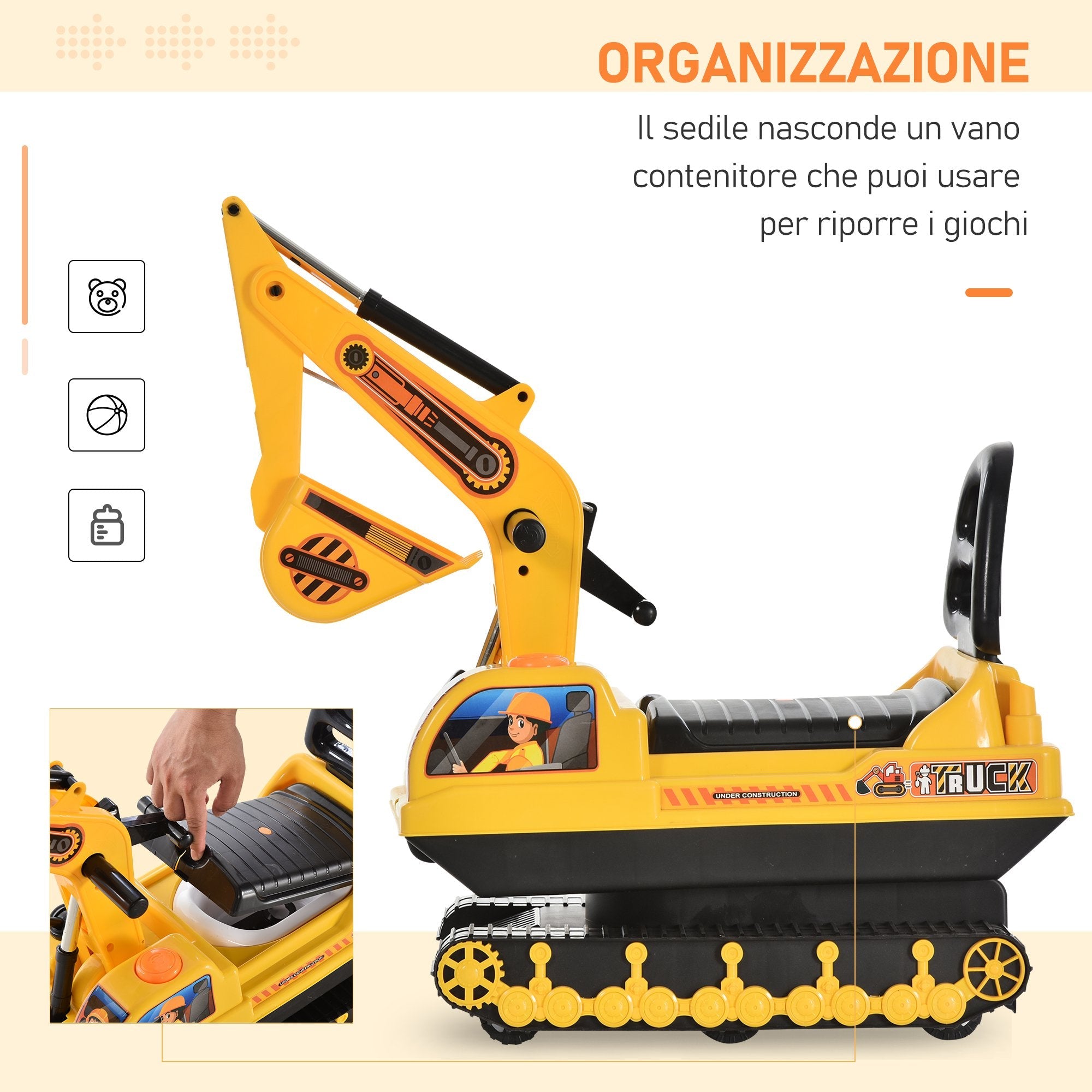 Easycomfort Escavatore Ruspa Giocattolo Cavalcabile per Bambini max. 30 kg with Schienale, Braccio Mobile e Vano Contenitore, 78x24x58.5cm
