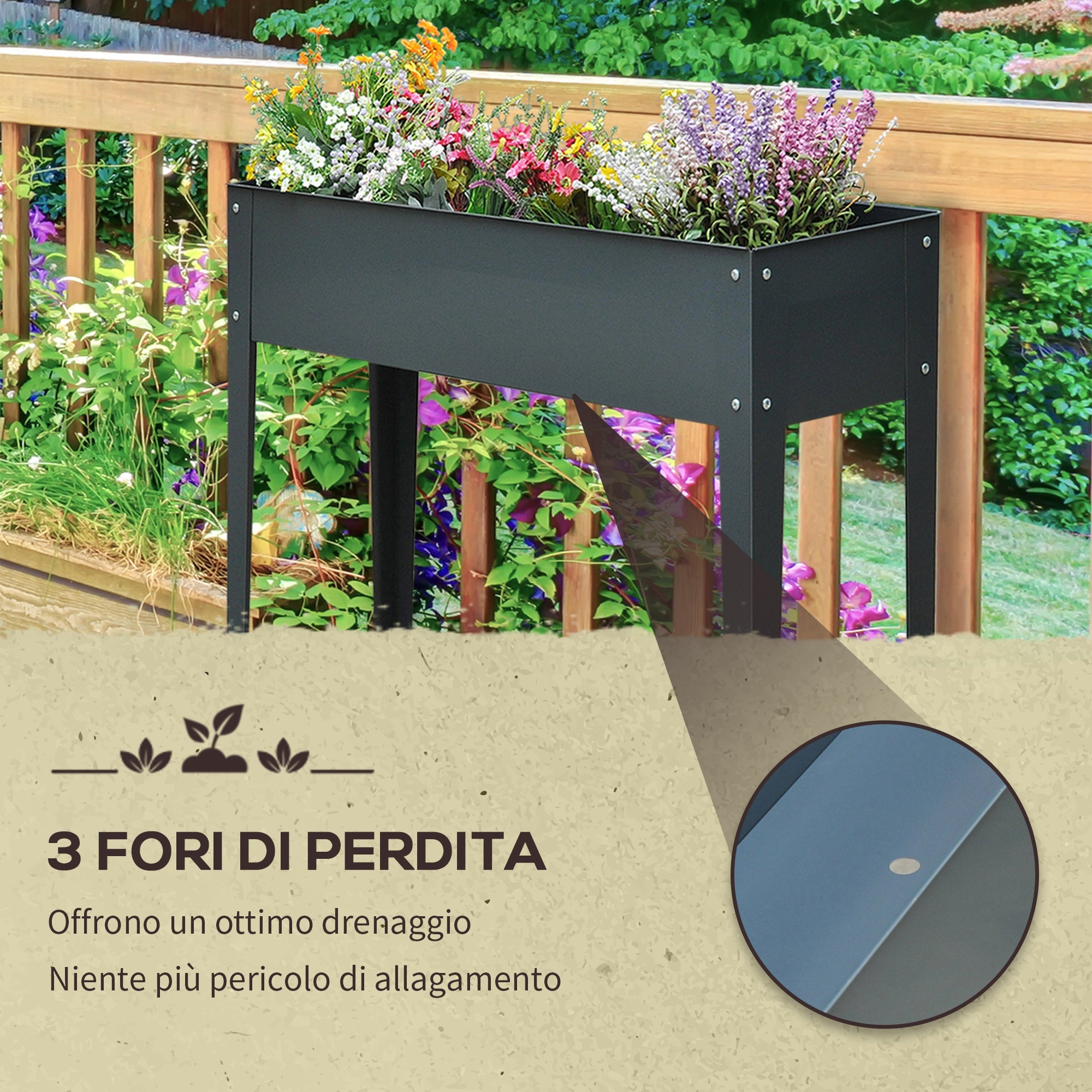 Easycomfort Fioriera da Esterno Rialzata in Metallo with 3 Fori di Drenaggio, 100x30x80 cm, Grigio