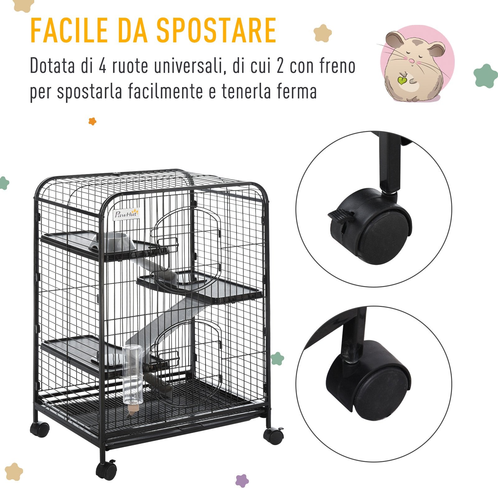 EASYCOMFORT Cage for Rodents with Wheels, Bowl and Bottle, 64x43.5x93cm, Black