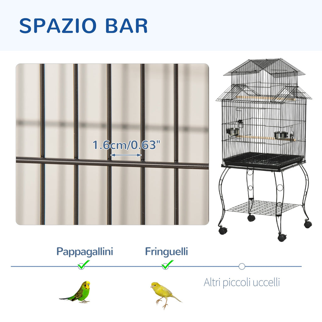 EASYCOMFORT Indoor Bird Cage in Steel and Wood with Tray, 4 Wheels and Perch, 50x49x137cm