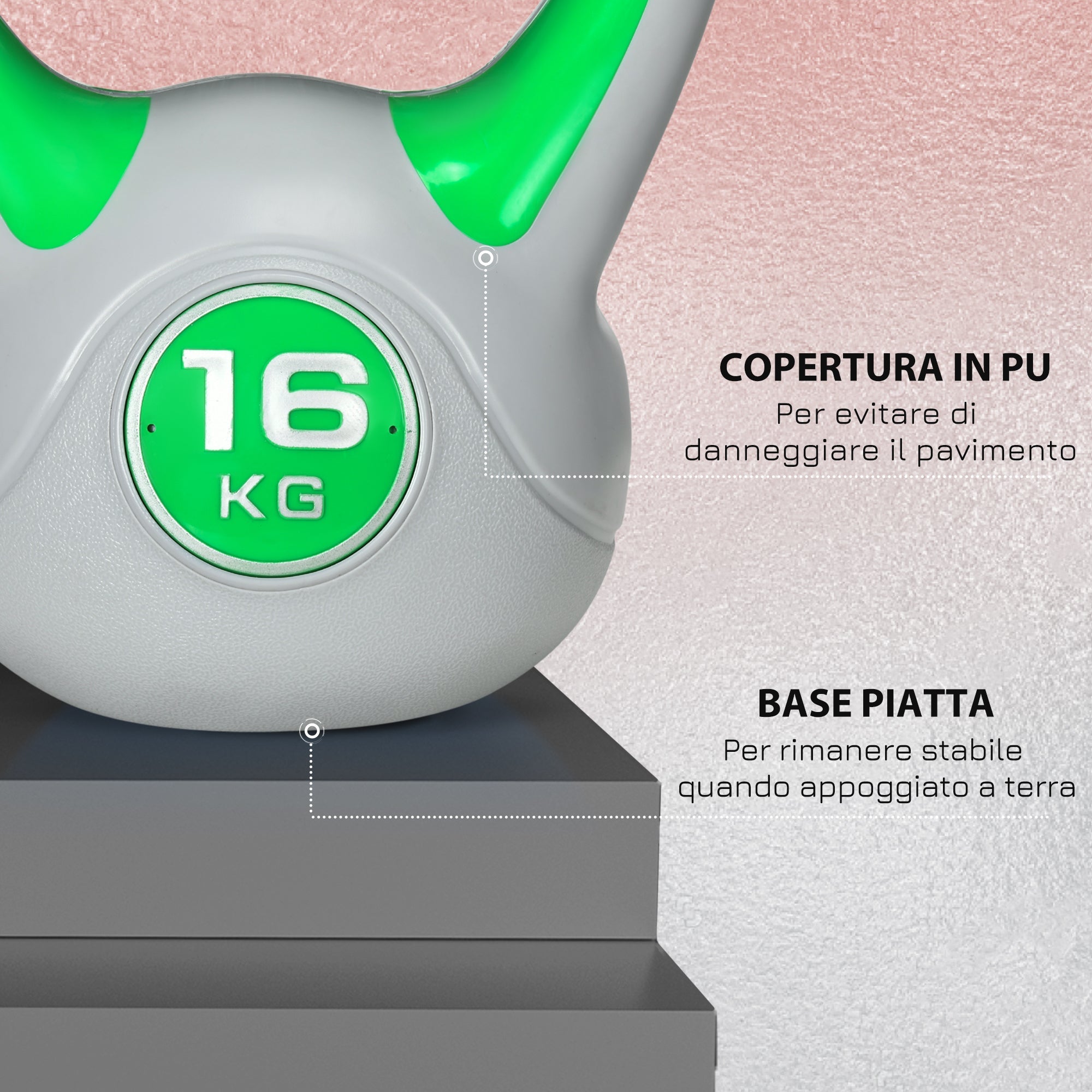 EasyComfort kettlebell 16 kg – PU, platte basis, groen