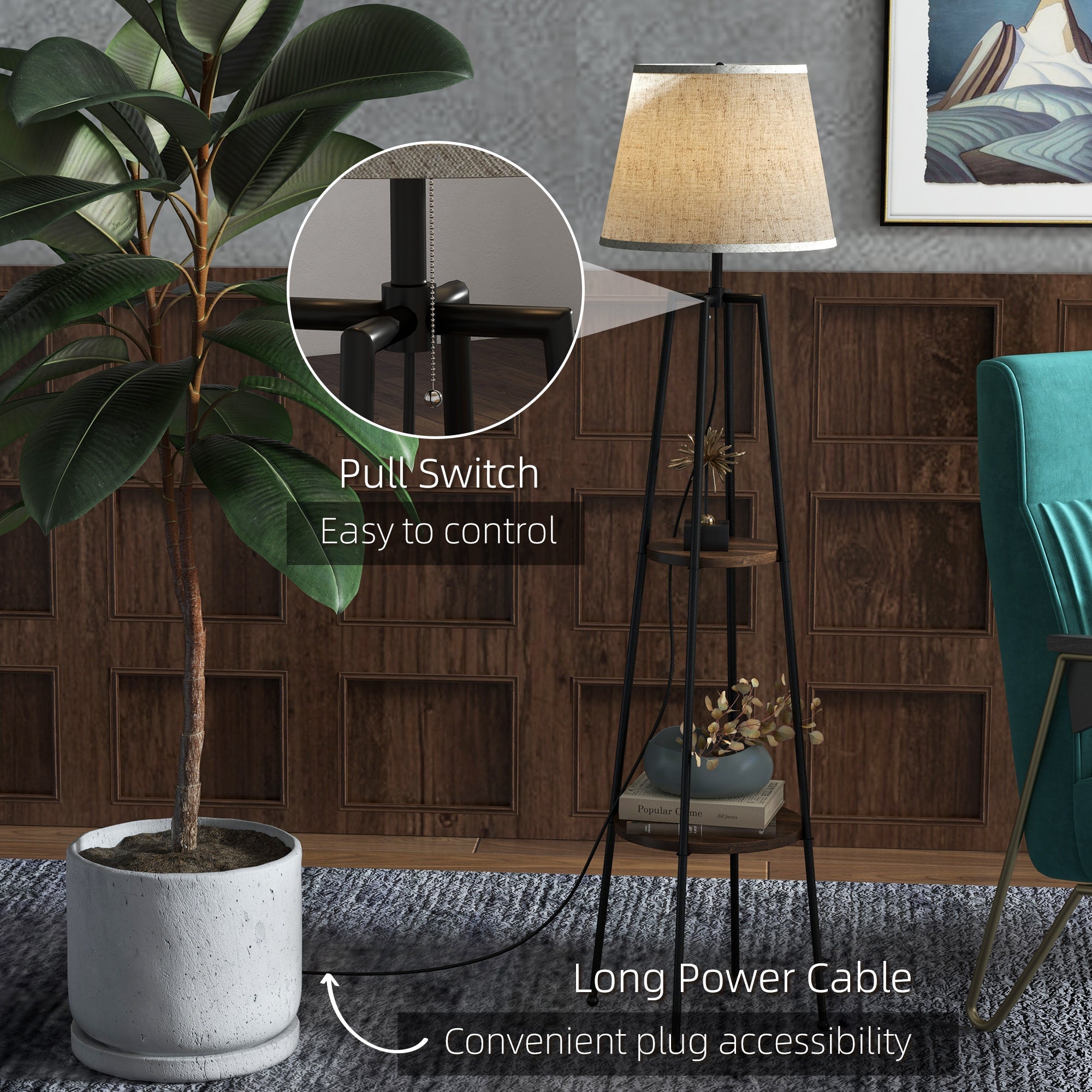 EasyComfort Staande lamp met 2 planken Ø42 x 166A cm zwart/bruin