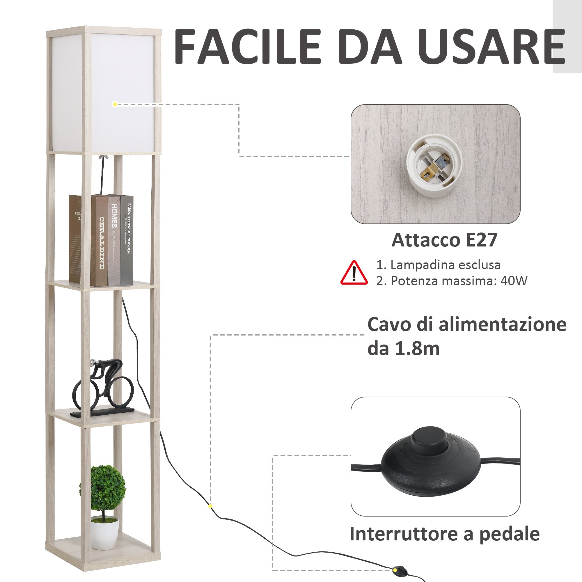 EasyComfort vloerlamp met 3 planken 40W E27 26x26x160 cm eiken