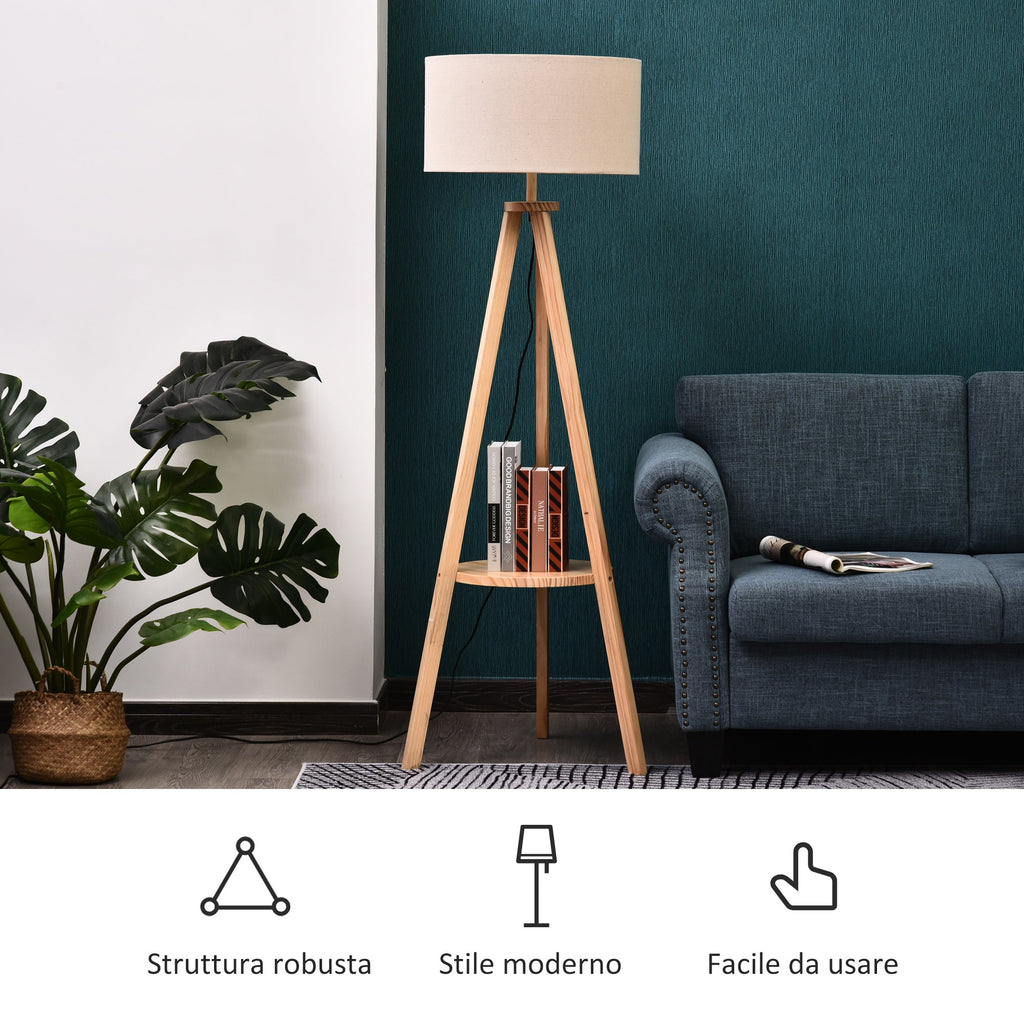Easycomfort Lampada da Terra with Ripiano Intermedio Paralume in Lino Interruttore a Pedale Risparmio Energetico Altezza 154cm, Legno, 50x50x154 cm
