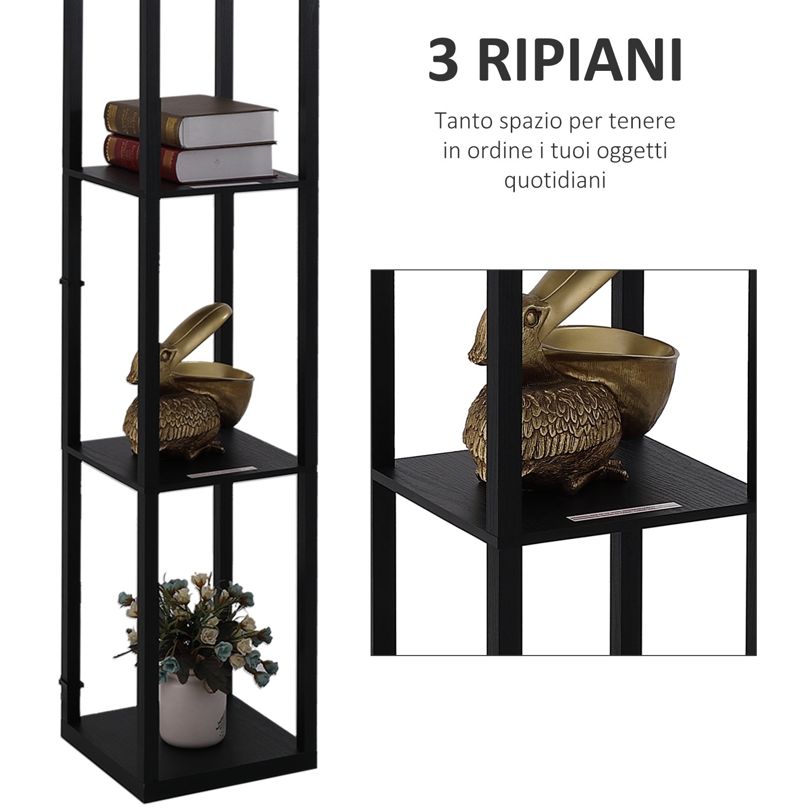 Easycomfort Lampada Lampadina da Terra Salvaspazio with Ripiani Durevole Cotone, MDF 26 x 26 x 160 cm black, bianco
