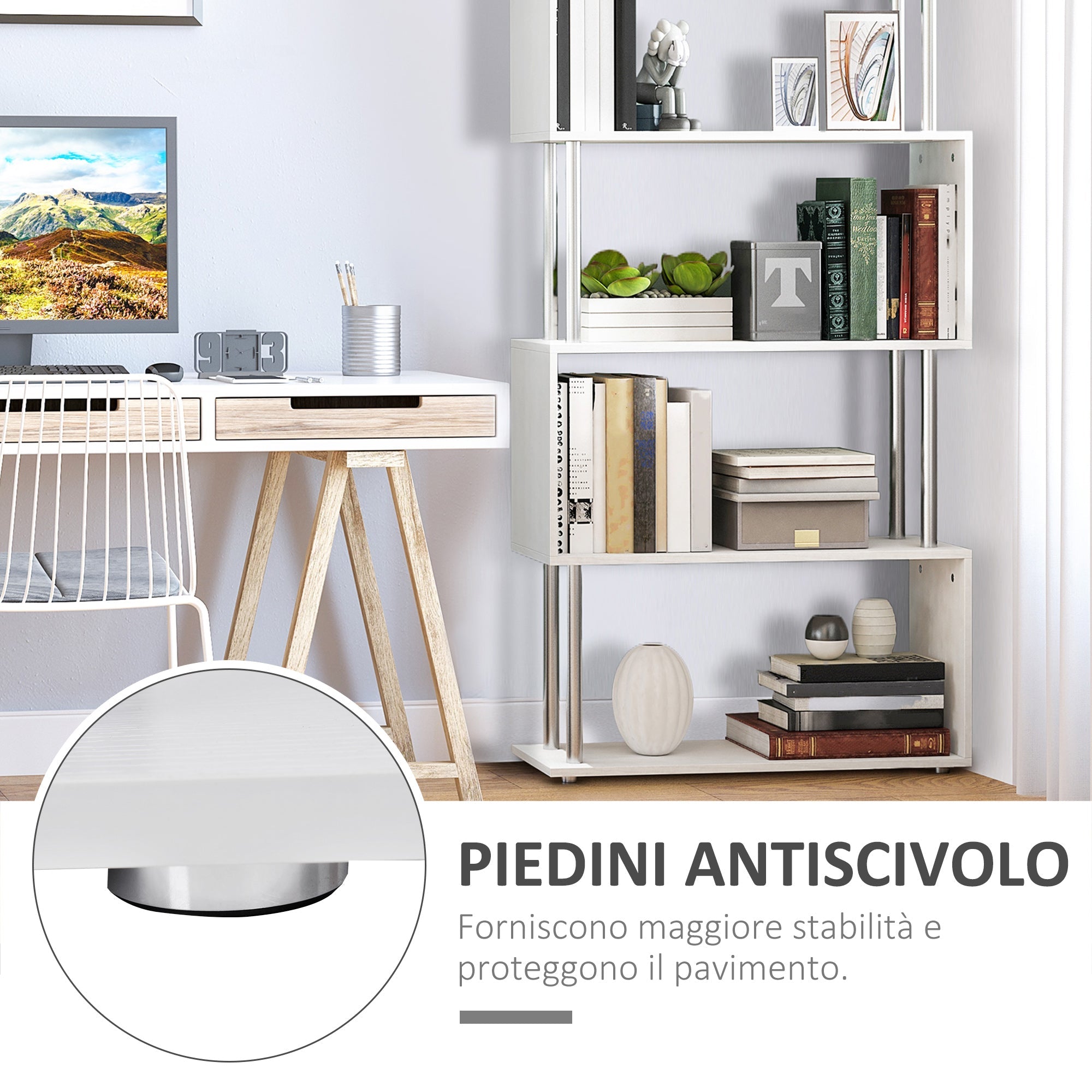 Easycomfort Libreria a 4 Ripiani Design Moderno in Legno e Metallo, Libreria Scaffale per Soggiorno, Studio, Ufficio, 80x30x145cm Bianca