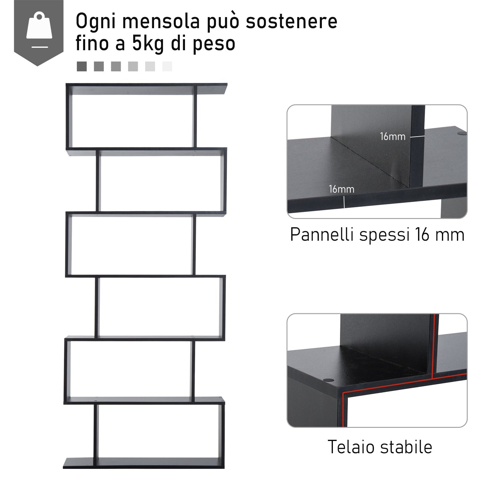 EasyComfort S‑vormige boekenkast 6 leLPGanken 80×23×192 cm zwart