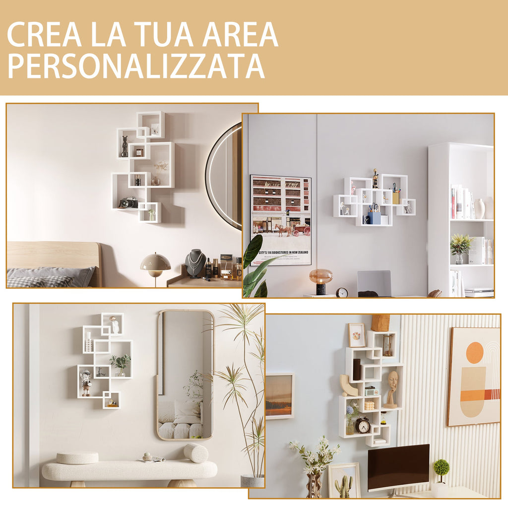 Easycomfort Libreria Moderna Sospesa with 5 Cubi Intrecciati in Legno, 49.5x10.2x86cm, white