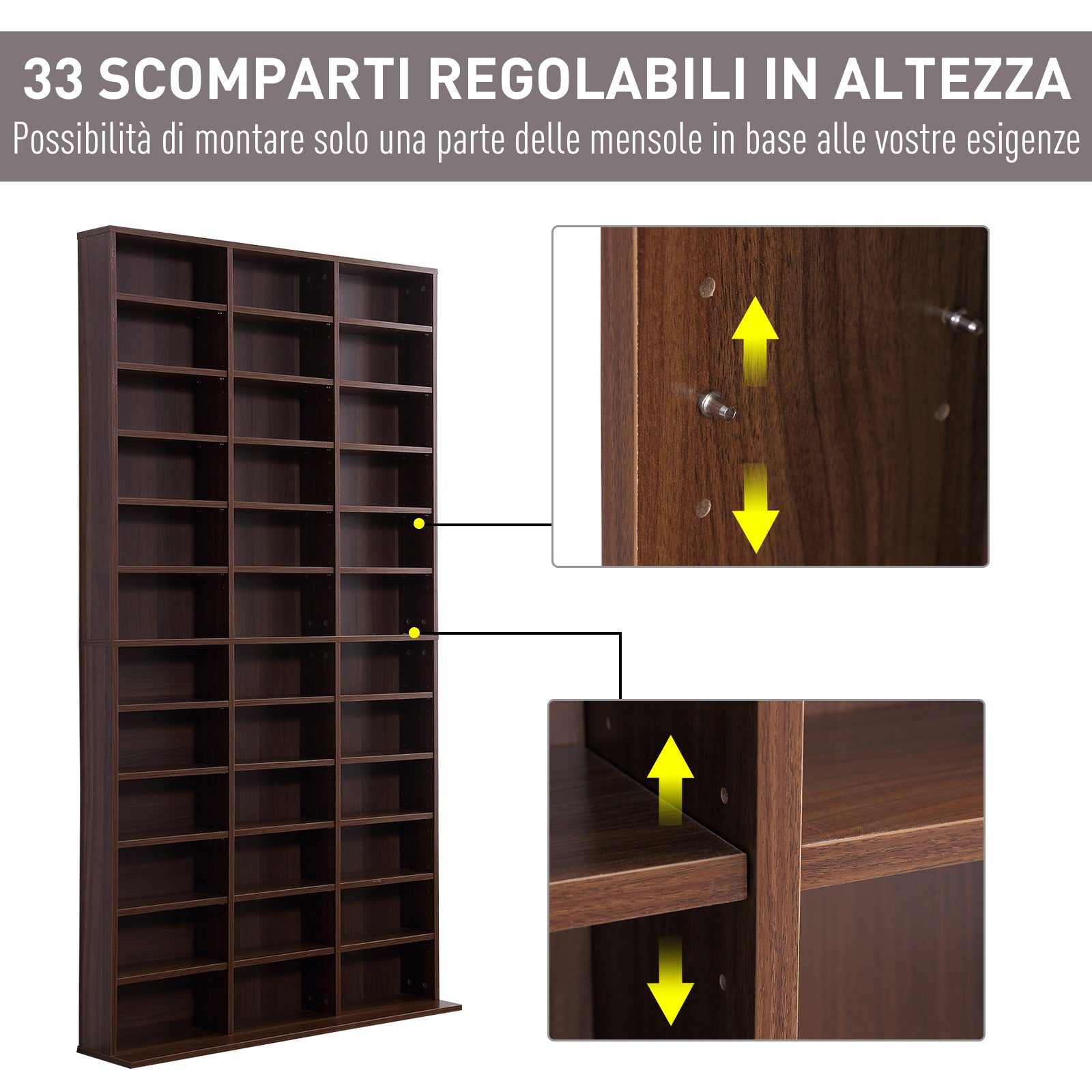 Easycomfort Mobile Libreria wall-mounted porta CD with 36 Ripiani ad Altezza Regolabile, Libreria in Legno Composito, 195x102x23.5 cm, Marrone