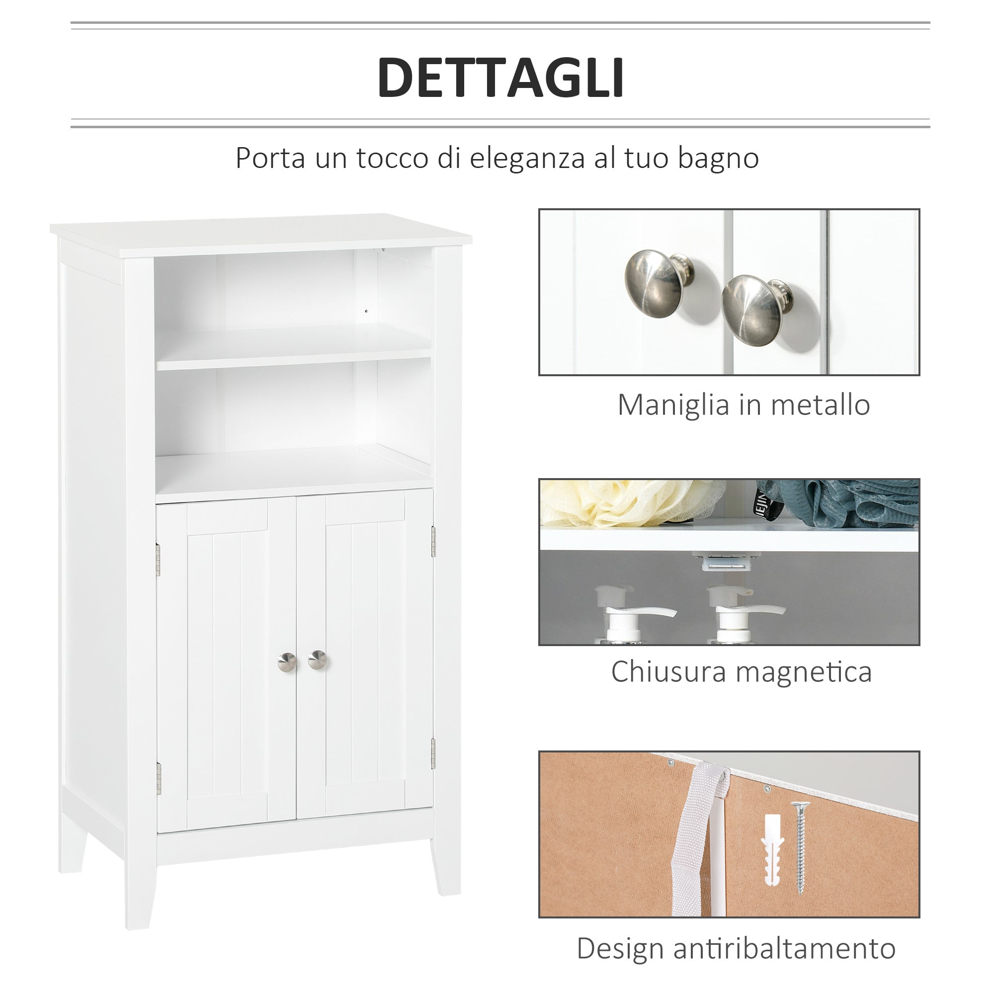 Easycomfort Mobile Bagno with Mensole Regolabili e Armadietto 2 Ante, Mobiletto Bagno Multiuso in Legno, white, 50x30x93cm
