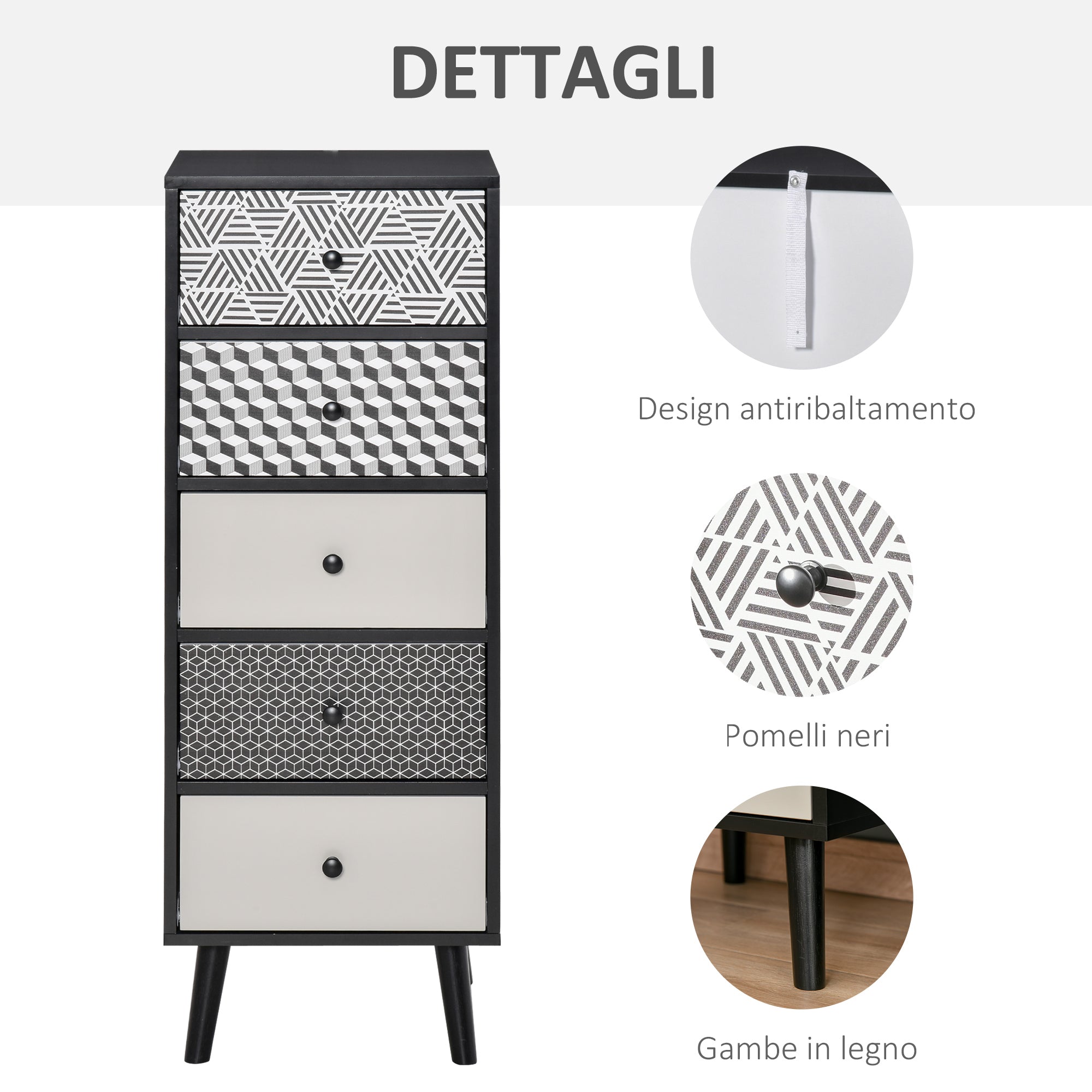 Easycomfort Mobile Cassettiera 5 Cassetti Fantasia Geometrica, Arredamento Moderno Camera e Ingresso, 40x40x111.5cm black Grigio