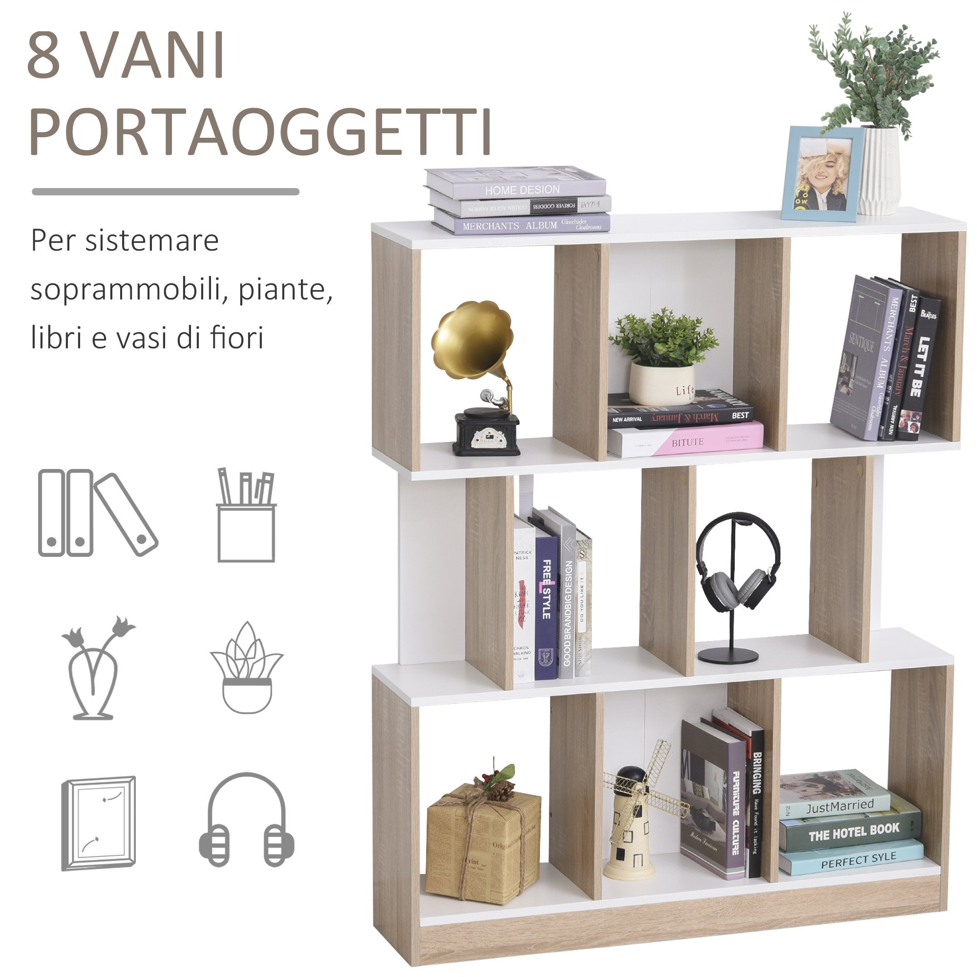 Easycomfort Mobile Libreria a 8 Ripiani per Soggiorno e Camera da Letto, in Legno, 100x27x124 cm, Rovere e white