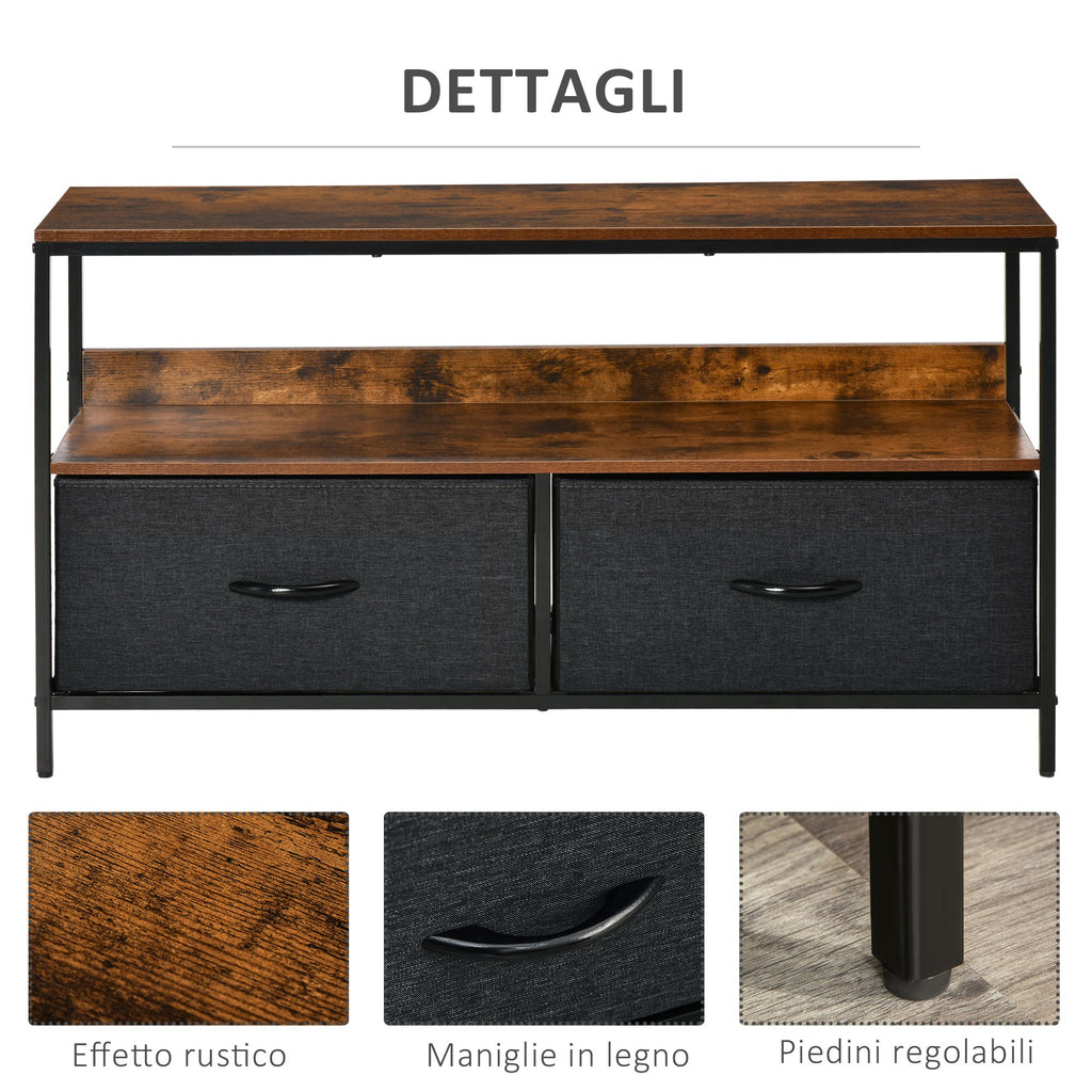 Easycomfort Mobile TV Stile Industriale with Cassetti Pieghevoli in Tessuto e Mensola, Mobiletto TV in Metallo e MDF, 98x29x56cm, Marrone e black