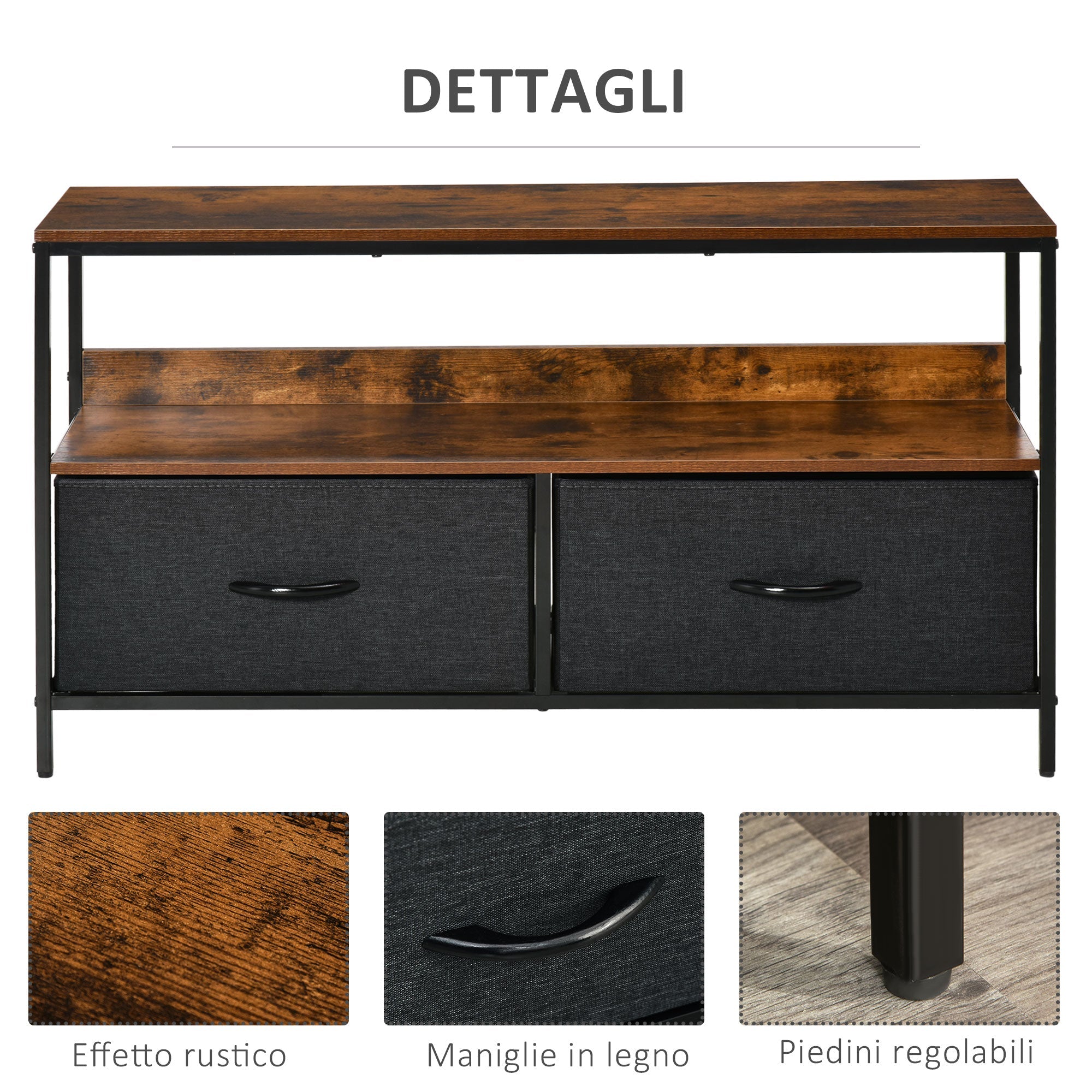 Easycomfort Mobile TV Stile Industriale with Cassetti Pieghevoli in Tessuto e Mensola, Mobiletto TV in Metallo e MDF, 98x29x56cm, Marrone e black