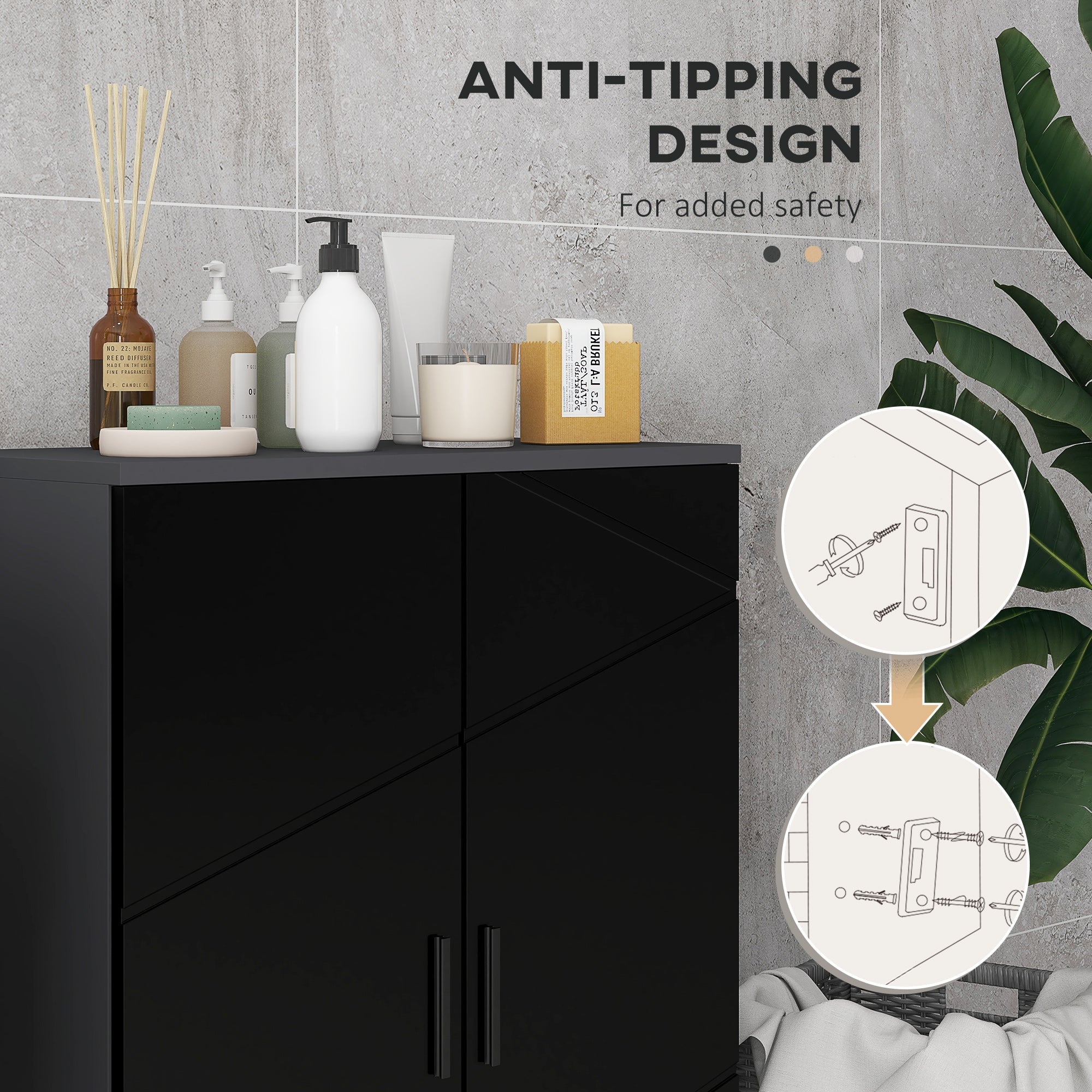 Easycomfort Mobiletto Bagno 2 Ante in Legno with 3 Ripiani e Chiusura Ammortizzata, 60x30x82cm, black