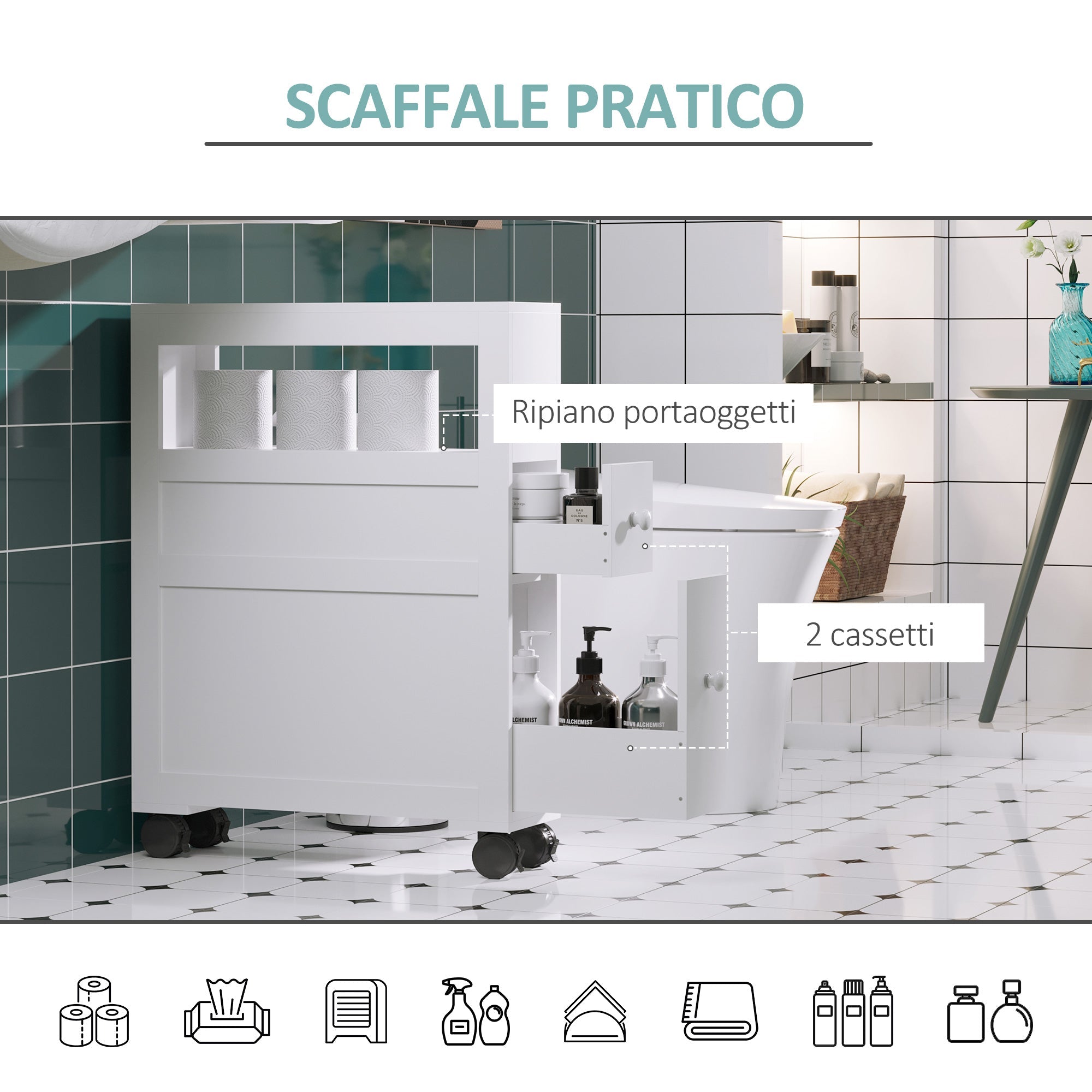 Easycomfort Mobiletto da Bagno 2 Cassetti Salvaspazio with 4 Ruote Legno 16x52x71.5cm white
