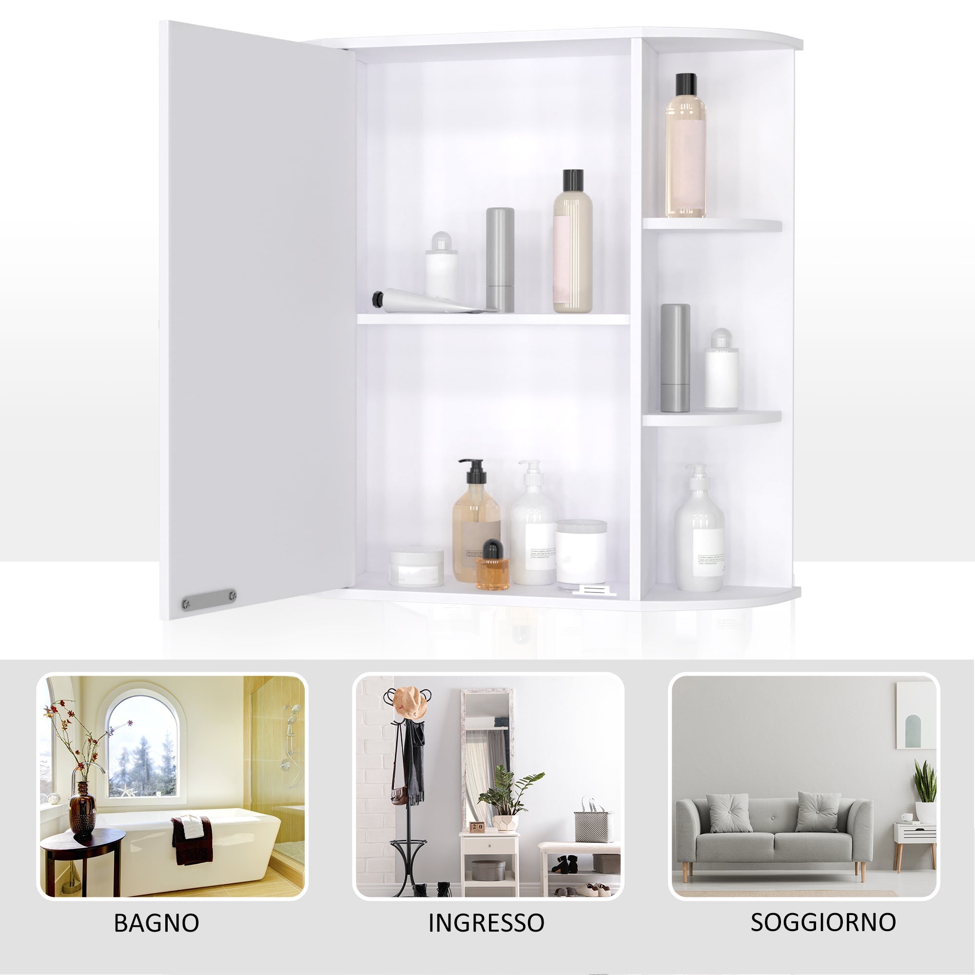 EasyComfort Mobiletto Pensile da Bagno, Armadietto Bagno with Specchio, Anta Centrale e Mensole in Legno white (60 x 17 x 63 cm)