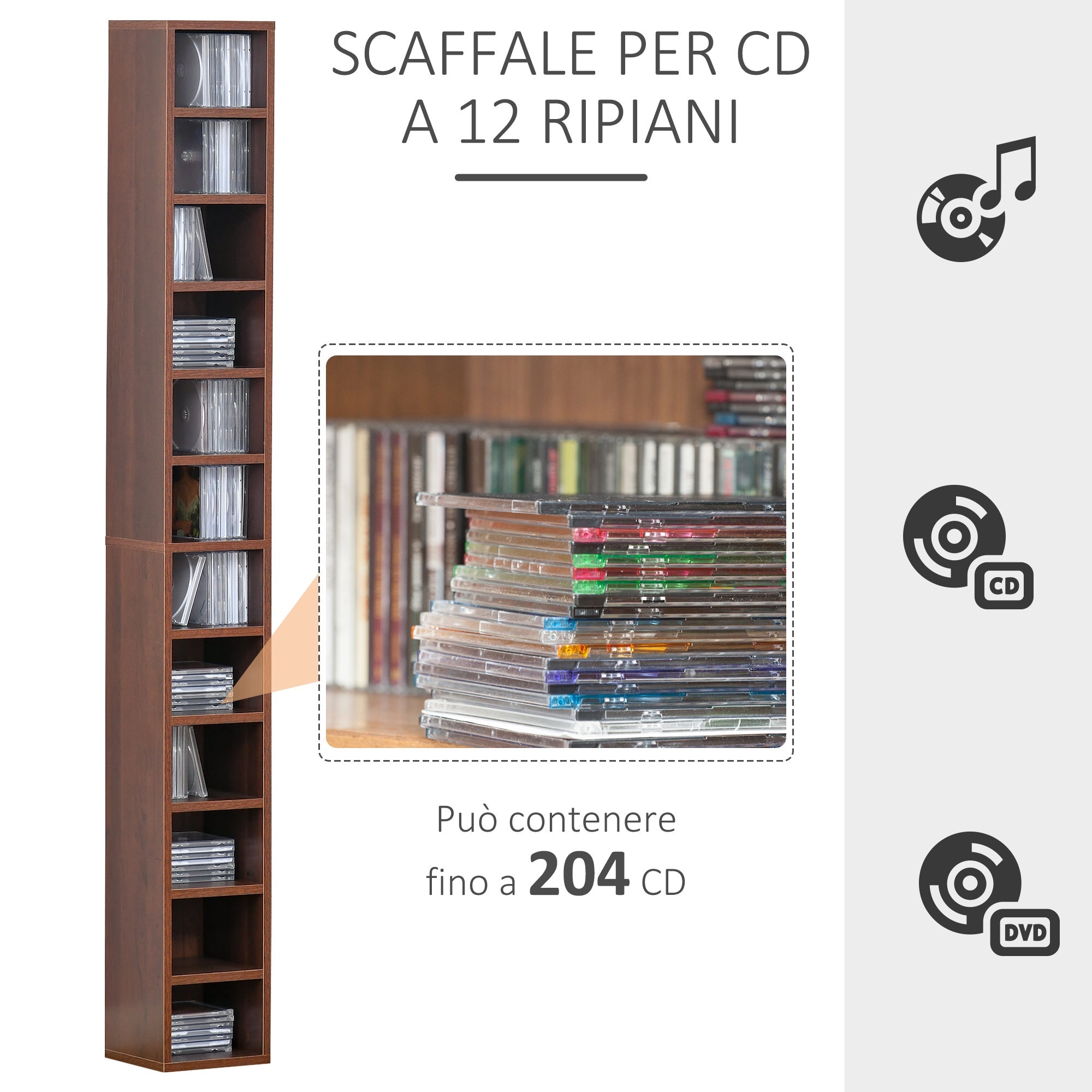 EasyComfort Mobiletto porta CD da Parete with Mensole semplice elegante funzionale in Legno mobile marrone 21 x 20 x 175cm
