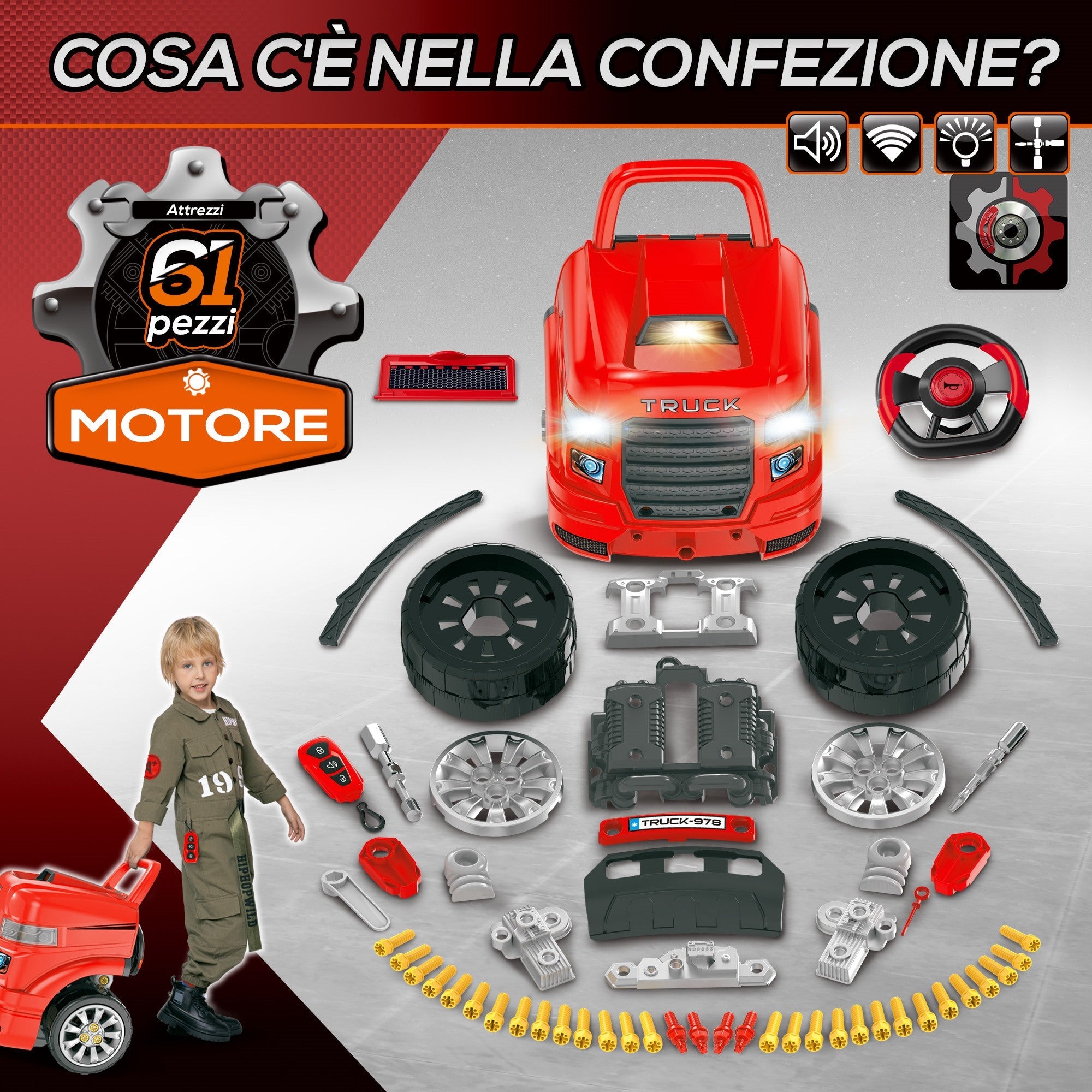 Easycomfort Officina Camion Giocattolo with Motore e 61 Accessori per Bambini 3-5 Anni, Ruote e Maniglia, 40x39x47cm, Rosso
