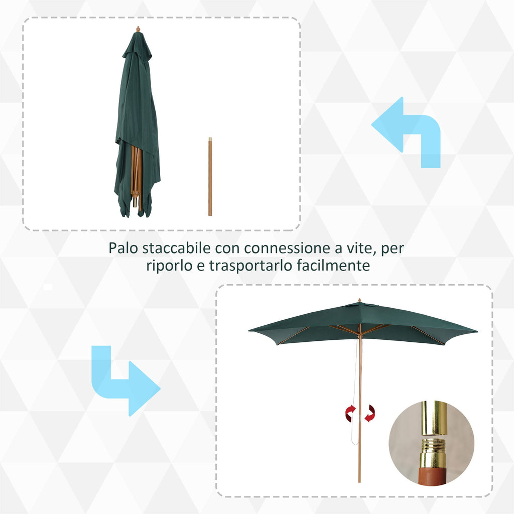 EASYCOMFORT 2x3 m Garden Umbrella in Lacquered Wood and Bamboo with Removable Cover, Dark Green