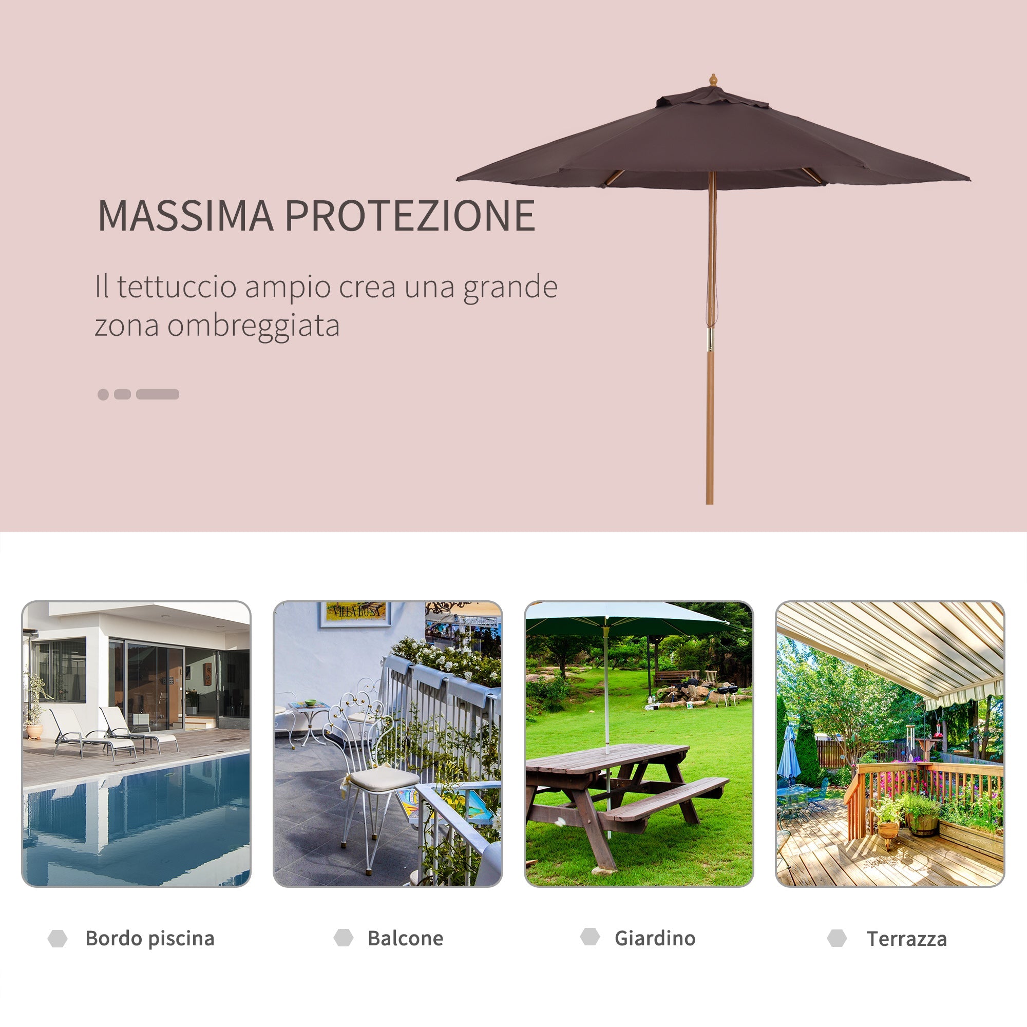 EASYCOMFORT Garden Umbrella 2.5x2.3 m 6 Ribs with Crank, in Wood and Polyester, Brown
