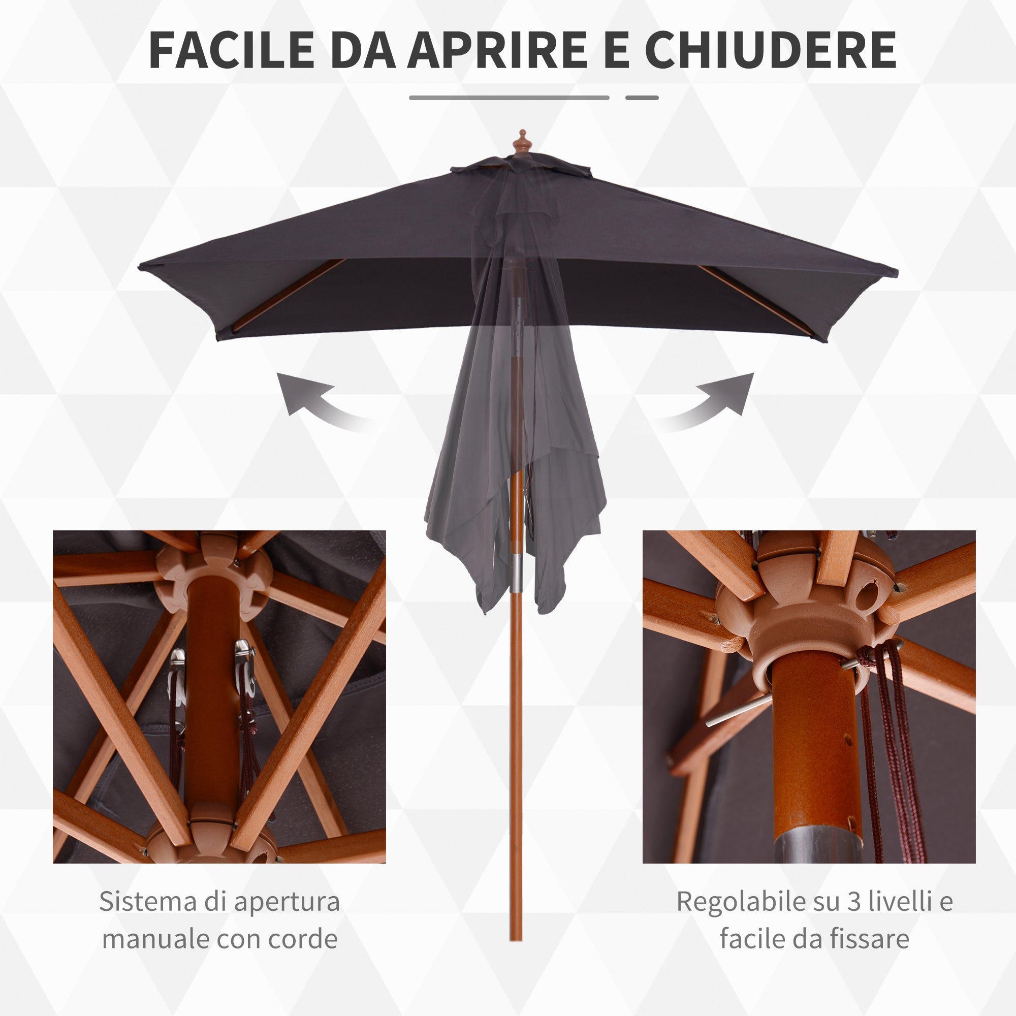 Easycomfort Ombrellone da Giardino Inclinabile 2x1.5 m with 6 Stecche e Palo in Legno di Abete, Grigio Scuro