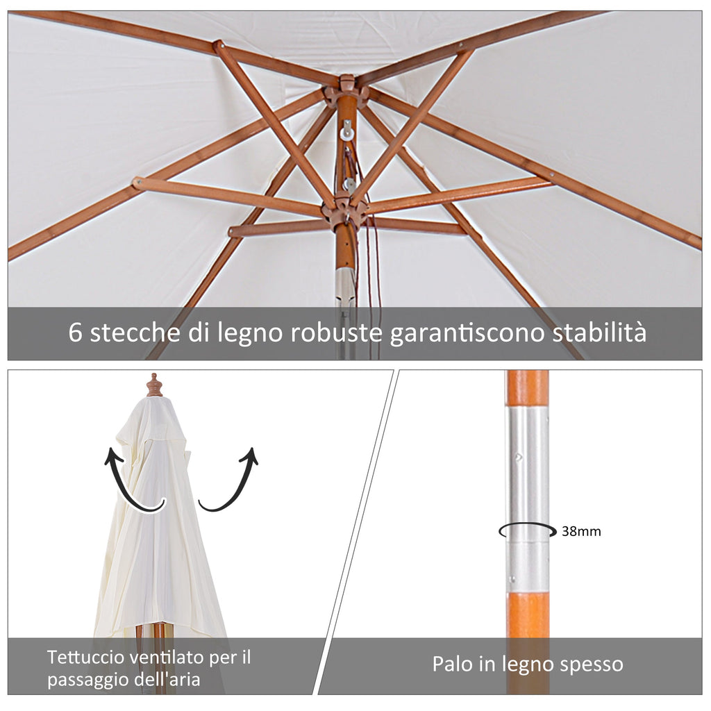 EASYCOMFORT Tilting Garden Umbrella 2x1.5m with 6 ribs with Fir Wood Pole and Rope, Beige