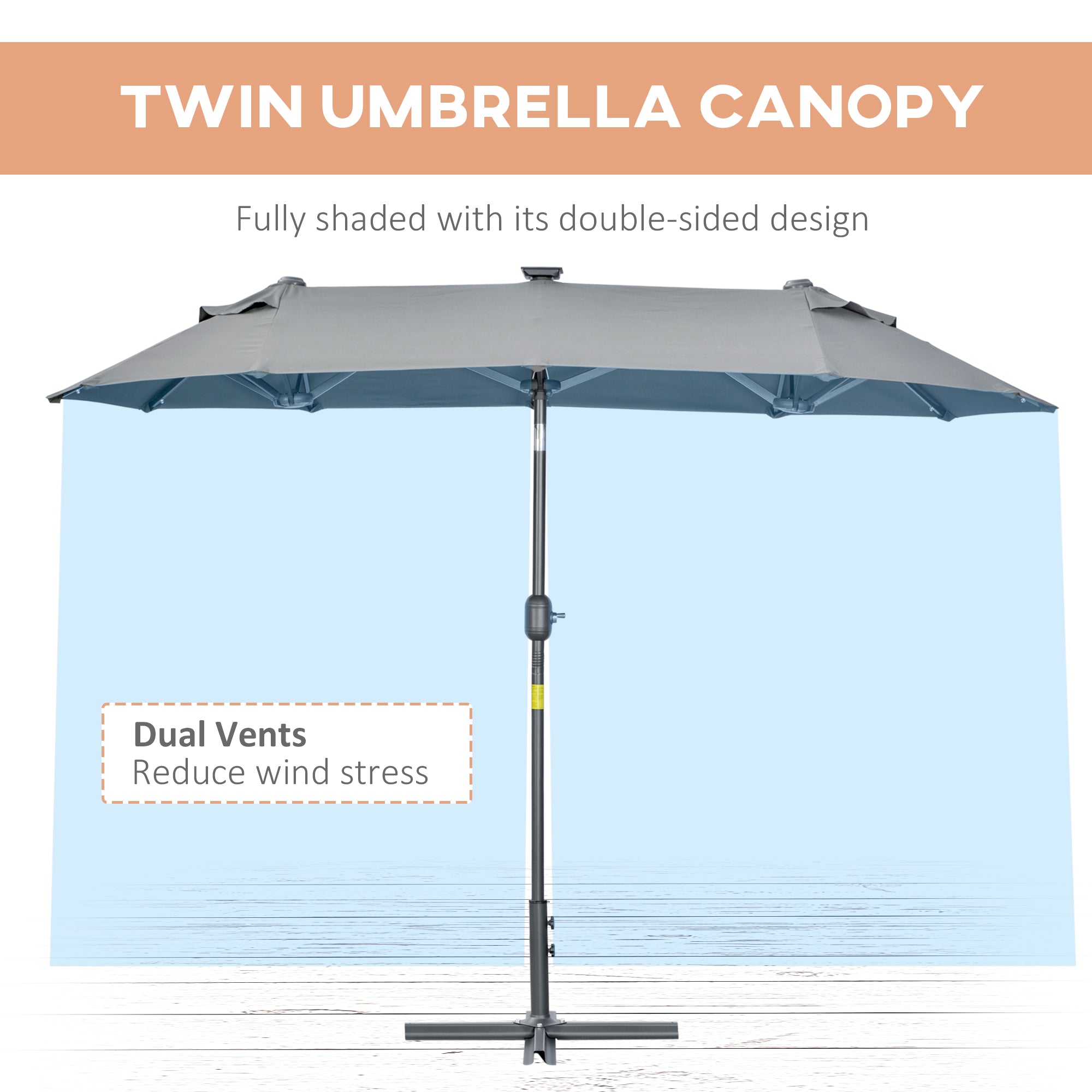 EasyComfort dubbele parasol met zonne-LED's 295x150x219 cm, grijs