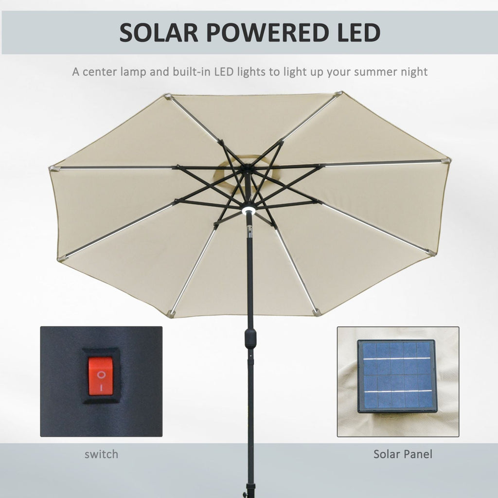 EASYCOMFORT Tilting Umbrella with Crank Opening, LED Lights and Solar Panel, Cream White Φ266x245cm