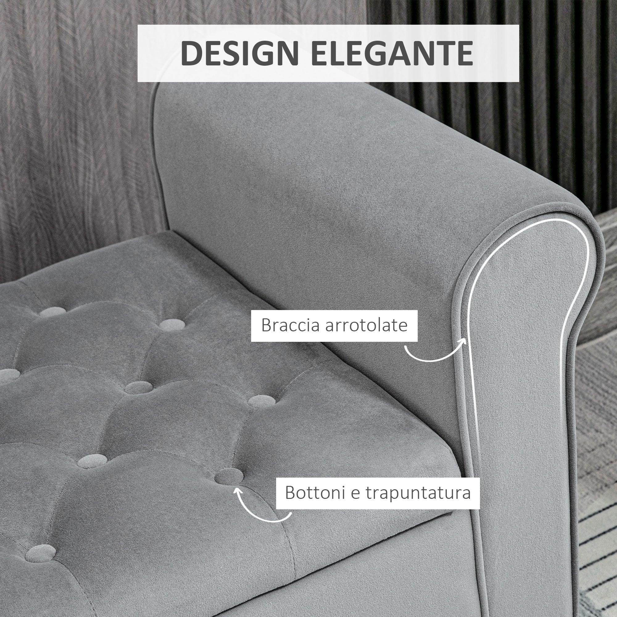 Easycomfort Panca Fondo Letto in Tessuto Vellutato with Spazio Portaoggetti e Braccioli, 126x48.5x57 cm, Grigio