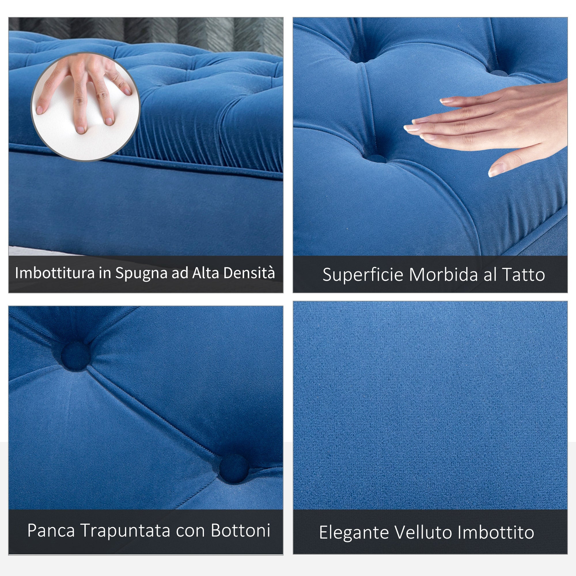 Easycomfort Panca Imbottita Fondoletto in Tessuto Vellutato e Base in Metallo Dorato, 118x45x42 cm, Blu