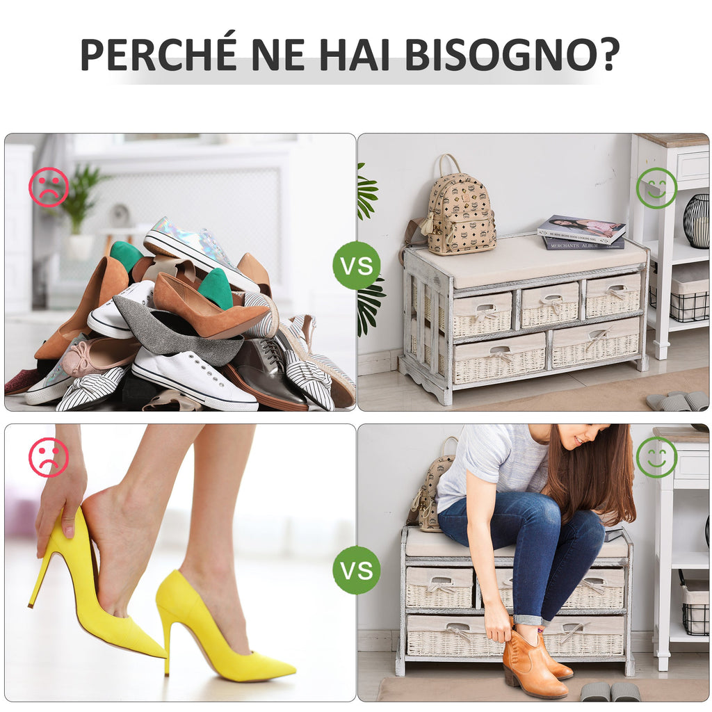 Easycomfort Panca Scarpiera with Cuscino, Cassetto e 3 Vani Aperti in Legno, 81x31.5x49cm, white