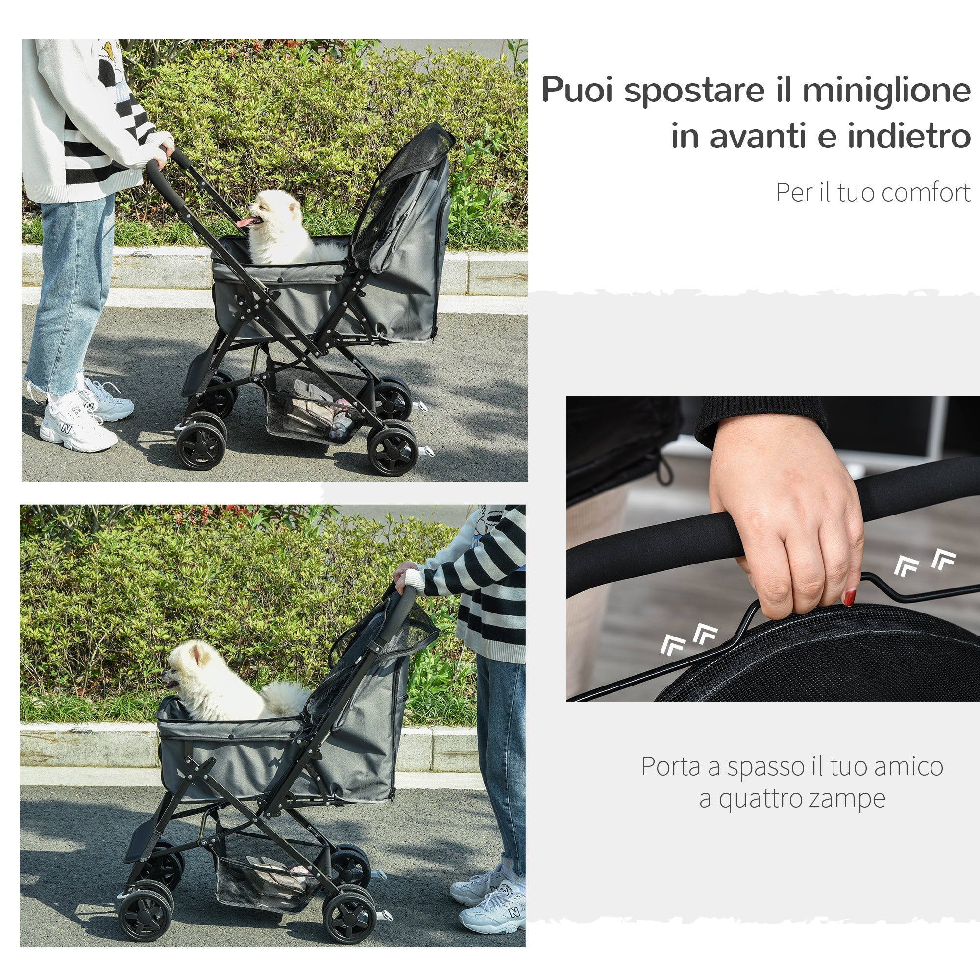 EASYCOMFORT Foldable Stroller for Small Dogs with Swivel Handle and Storage Basket, 76.5x52x95 cm, Gray