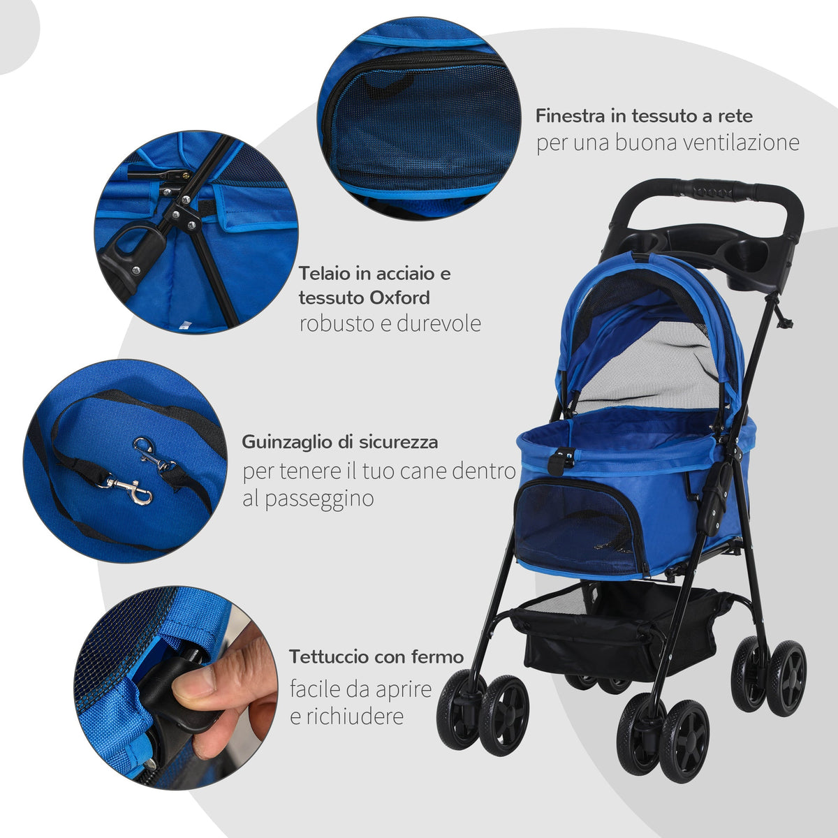 EASYCOMFORT Vouwbare hondenbuggy met veiligheidsriem en opbergmand, blauw