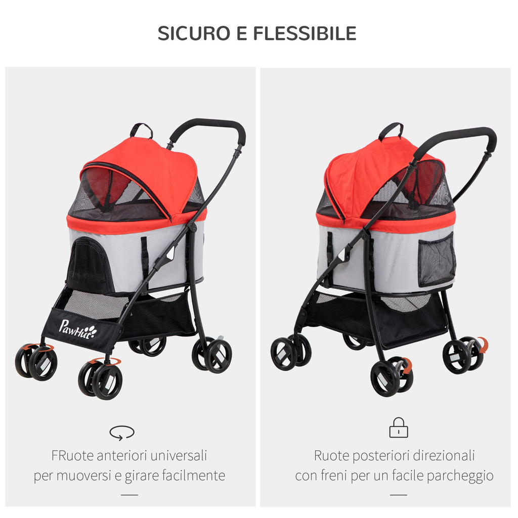 EASYCOMFORT Foldable Dog Stroller with Removable Carrier and Canopy, 82x49.5x98cm, Red