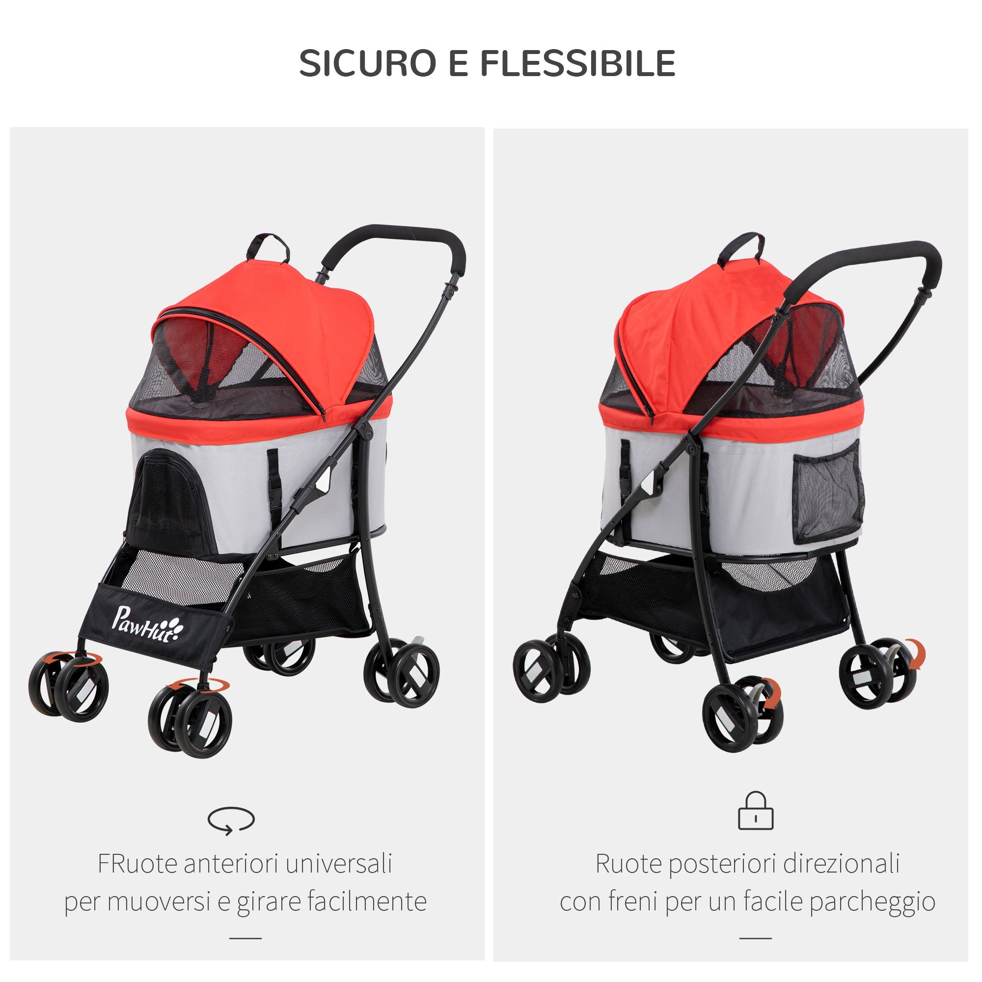 EASYCOMFORT Foldable Dog Stroller with Removable Carrier and Canopy, 82x49.5x98cm, Red