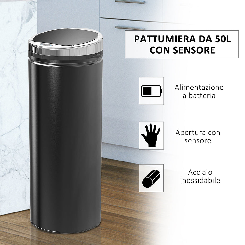 Easycomfort Pattumiera Automatica with Sensore a Infrarossi e Capacità 50L, Acciaio Inox e Plastica, black, 30.5x30.5x81.5cm
