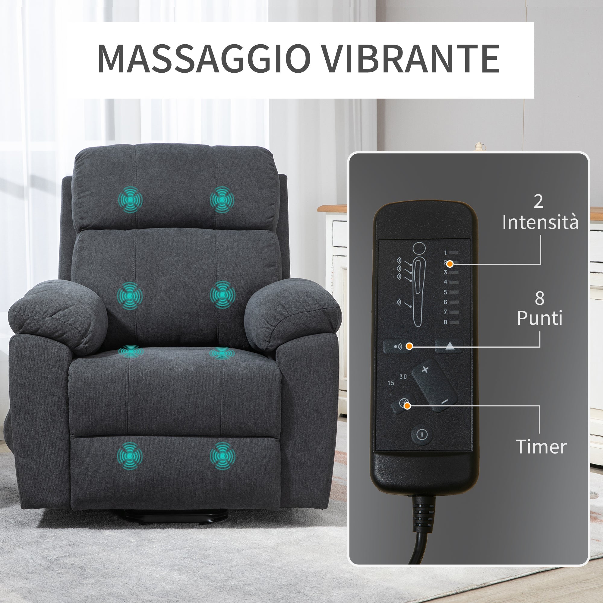 Easycomfort Poltrona Alzapersona Reclinabile fino a 135° with 8 Punti Massaggianti, Telecomando e Poggiapiedi 89x99x103 cm, Grigio
