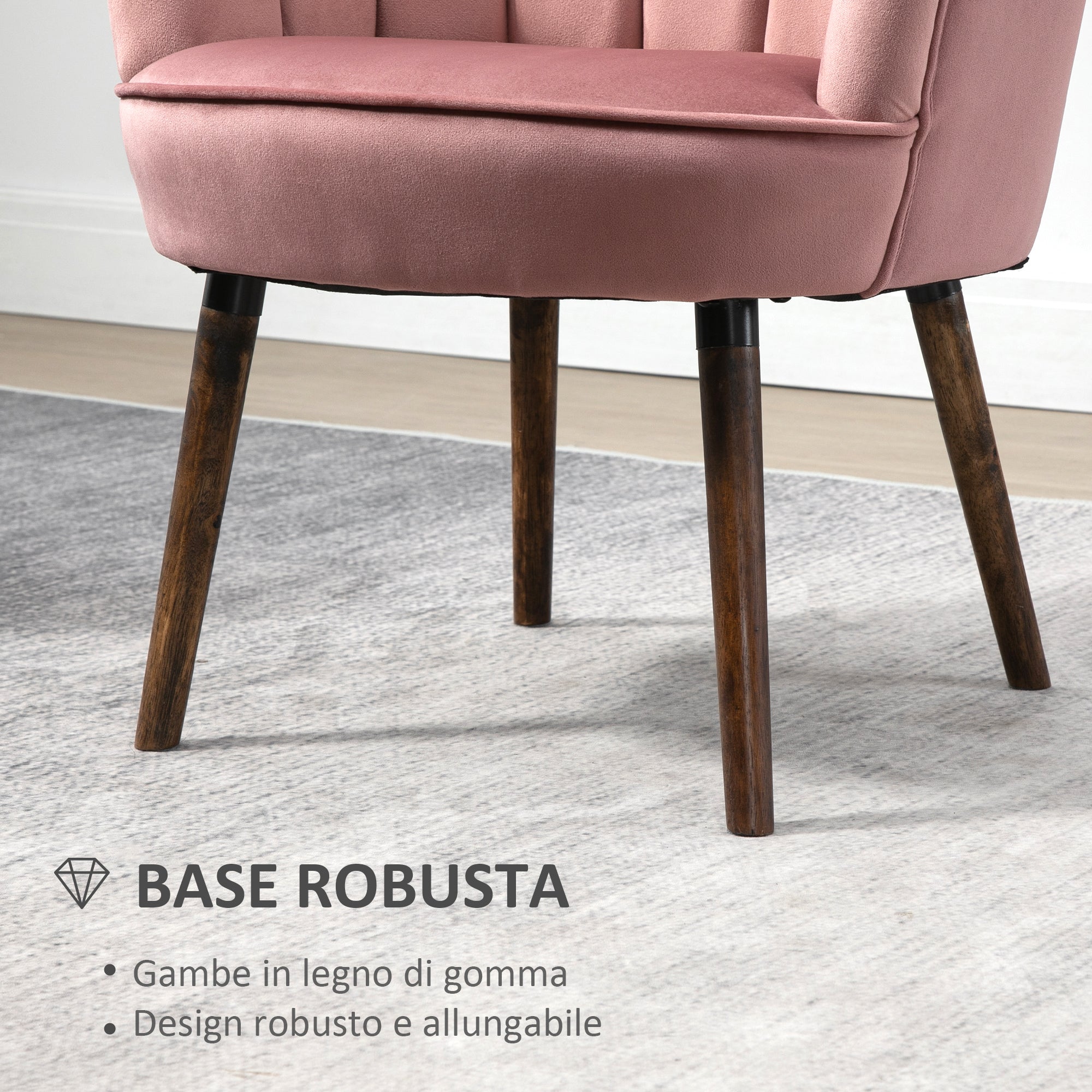 Easycomfort Poltrona Imbottita with Schienale a Conchiglia e Gambe in Legno, Poltrona in Velluto per Salotto e Camera, 66x66x78.5cm, Rosa